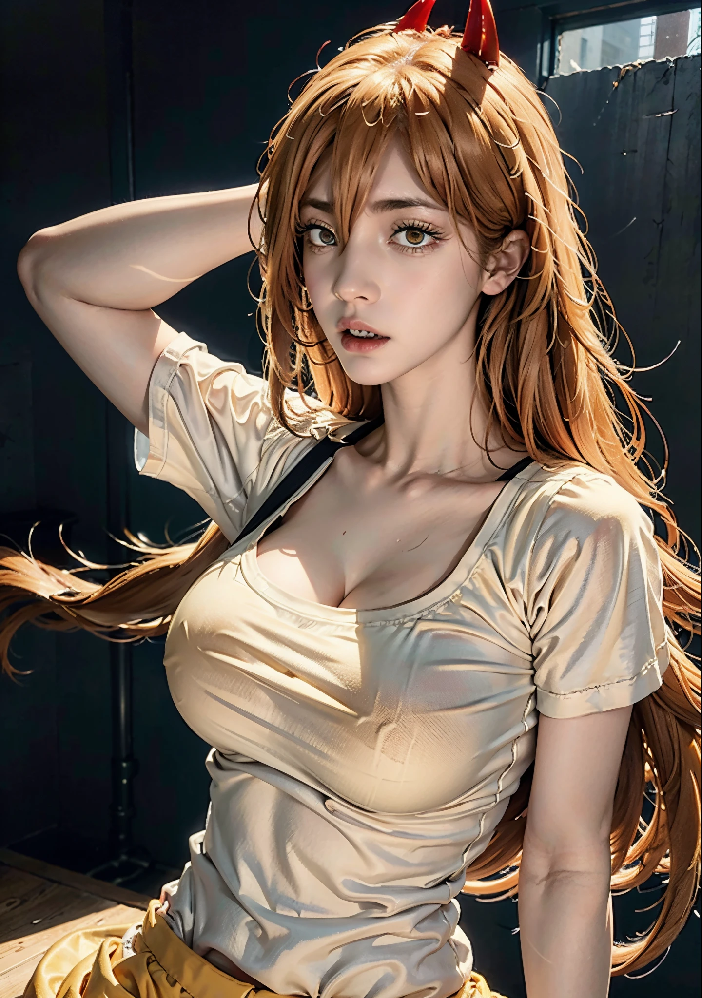 1 Girl,power \(Chainsaw Man\),Golden hair,Red horns,Yellow eyes,Cross eyes,Open mouth,shy,a white T-shirt,large full breasts,
BAPV,(Masterpiece:1,2), Best Quality,Masterpiece,high resolucion,Original,very detailed wallpaper,perfect light,
