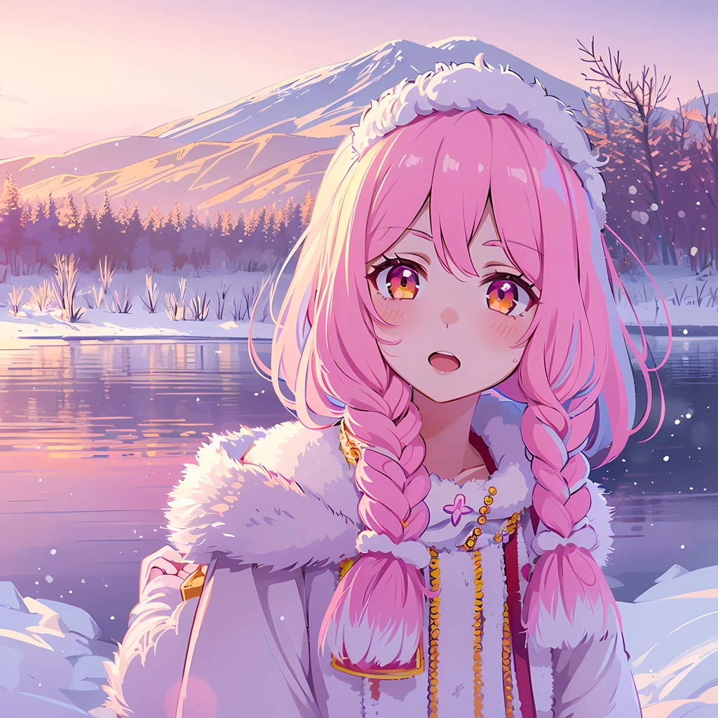 Senko-san, , grand lac gelé, hiver, cheveux multicolores, cheveux blancs, cheveux roses, jupe orange, coucher de soleil orange, 1fille, salut résolution, 4k, Sakura, lac enneigé, rayures roses sur un visage