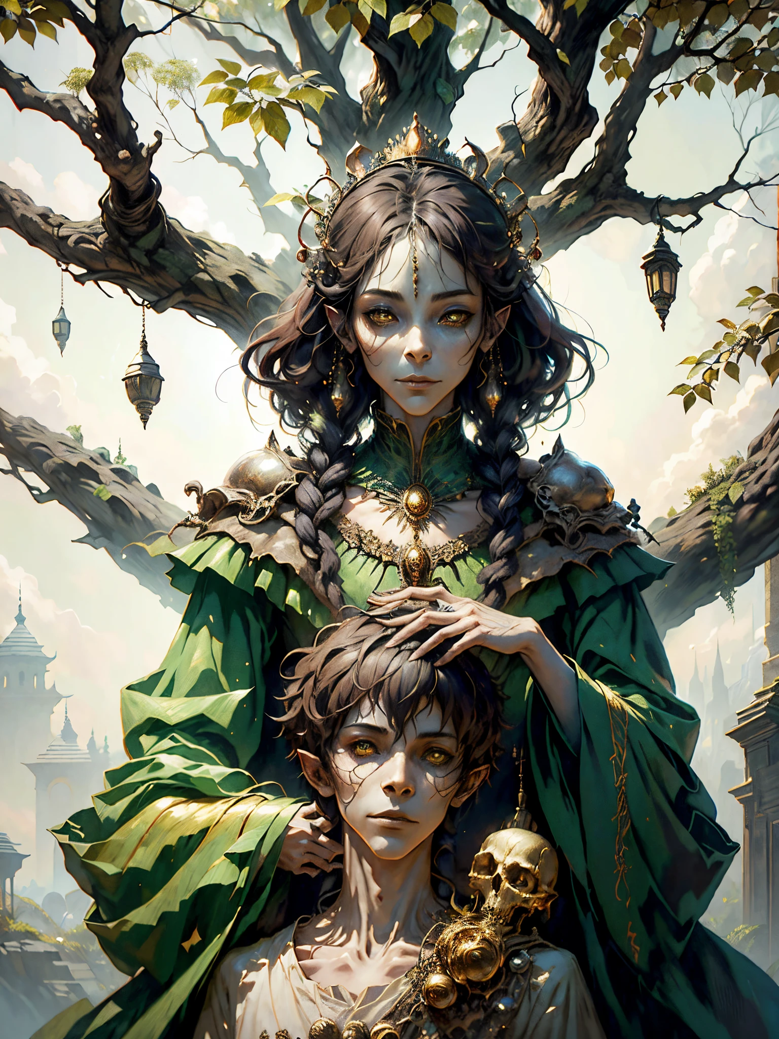 (best quality,4k,8k,highres,masterpiece:1.2), ultra-detailed, (realistic,photorealistic,photo-realistic:1.37), closeup of a young boy aristocrat with a creature-like appearance and a hint of tree evilness. The face features a roots-like structure with intricate details, resembling a root tree. Victorian opulence and intricate embroidery decorate his aristocratic attire, while his eyes exude an otherworldly glow, penetrating with intensity. The fine lines of his lips reveal a mischievous smile, as if he holds a forbidden secret. Shadows dance on his pale skin, hinting at an eerie aura that emanates from within. The boy's hair, like twisted branches, entwines with the roots, forming an ethereal crown. His fingers possess an uncanny dexterity, long and slender like tendrils, as if they possess the ability to manipulate nature itself. The captivating presence of the young aristocrat is juxtaposed with a hidden darkness, a mysterious connection to the enchanted forest that pulses through his veins. The overall color palette is warm and rich, with deep earthy tones and hints of mystical greens, immersing the viewer in a world where fantasy meets reality. The lighting accentuates the boy's features, casting dramatic shadows that emphasize the complexity of his existence. With every brushstroke, the artwork unleashes an air of intrigue and enchantment, capturing the essence of this extraordinary young boy aristocrat with a captivating and haunting presence. fox skull, fox face