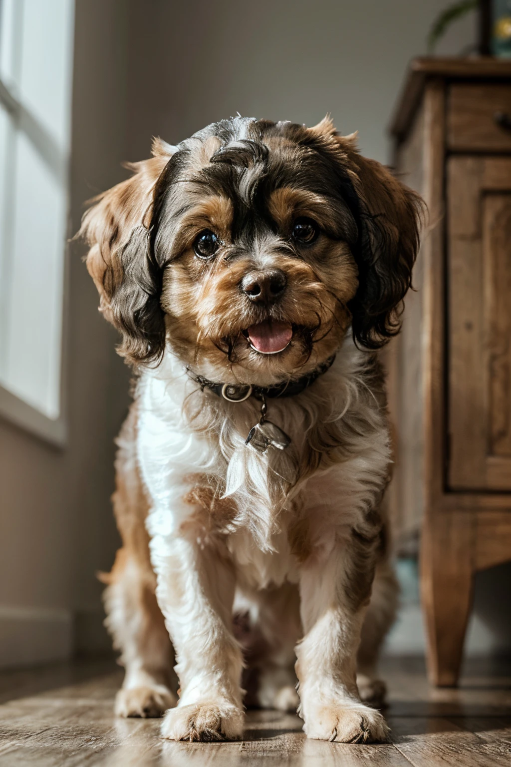 A close up of a dog standing on a wooden floor - SeaArt AI