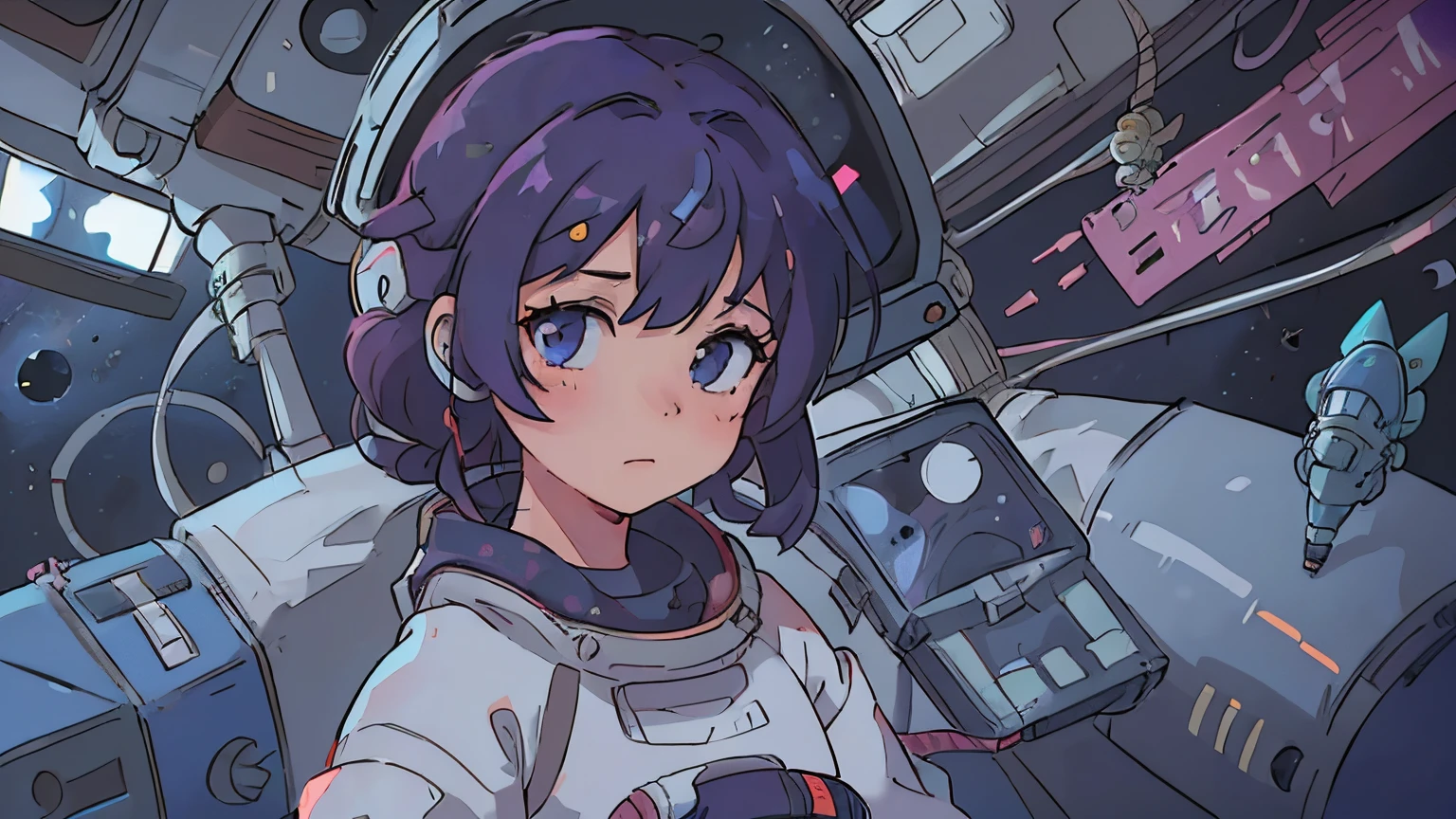 Une femme en combinaison spatiale se tient sur une station spatiale, portrait anime fille cadet de l&#39;espace, girl Dans l&#39;espace, Molly cosmique, dans une station spatiale, sur une station spatiale bondée, dans une station spatiale, Dans l&#39;espace, dans l&#39;espace profond, dans un vaisseau spatial, sur un vaisseau spatial, dans une station spatiale, art lofi, avec une combinaison spatiale, Cuchart