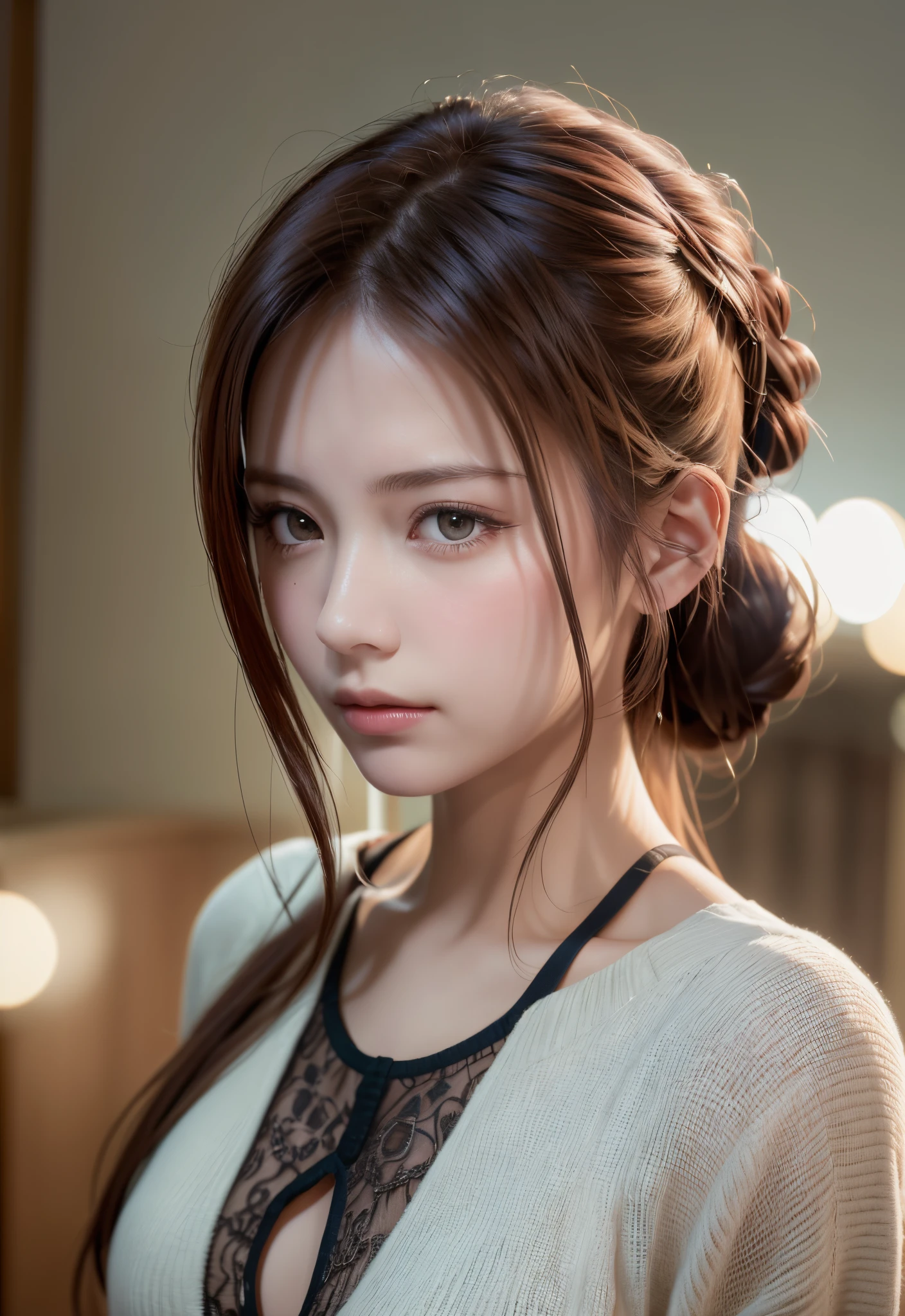 8K, of the highest quality, masutepiece:1.2), (Realistic, Photorealsitic:1.37), of the highest quality, masutepiece, Beautiful young woman, Pensive expression, Thoughtful look, Elegantly dressed, Hair tied back, Messy mood, Cinematic background, Tired, Light skin tone