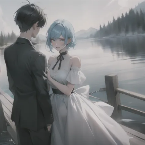 1man 1girl,corazon lake,break up, woman with light blue hair, man with black hair