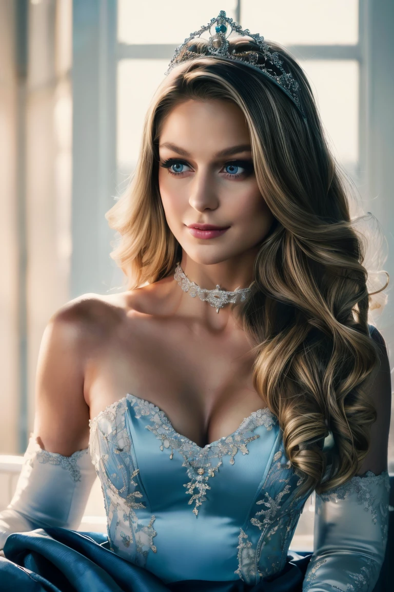 (best quality,4k,8k,highres,masterpiece:1.2),ultra-detailed,(realistic,photorealistic,photo-realistic:1.37),portrait,stunning,wavy blonde hair,hair flowing in the wind,hair with natural highlights,blue satin gown,gown with intricate lace details,elegant and flowing dress,floor-length dress,strapless design,fitting perfectly to her curves,satin fabric reflecting light,accentuating her beauty,elongated white satin elbow gloves,fine creases on the gloves,showcasing attention to detail,bright and captivating smile,perfectly applied lipstick in a natural shade,blue eye shadow accentuating her mesmerizing eyes,meticulously done makeup,enhancing her natural beauty,sparkling tiara adorning her head,exquisite details on the tiara,adding a touch of royalty,elegant black choker around her neck,complementing her attire and highlighting her neckline.