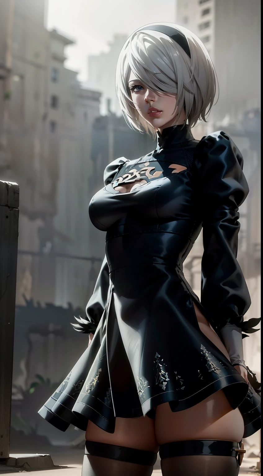lifelike details, Holding a Japanese sword in hand..., Black Short Skirt, the anime, (Based on nier automata) the perfect body, The Perfect Girl, perfect details, ultra HD |, 8K, Professional photo, Anime Style 2B, Extremely detailed (Very beautiful blue eyes), destroyed slums, Standing in a fighting stance, fighting posture, green gas, crap, Arcane style, the night, explosions, The Flash, Arcane style, extremely detailed CG unity 8k wallpaper, detailed light, cinematic lighting, chromatic aberration, glittering, expressionless, extremely detailed CG unity 8k wallpaper, detailed light, Jinx's character design, epic composition, dark in the background, Very detailed, Detailed body, Detailed Face, sharp-focus, sharp-focus, Very drooping face, Detailed eyes, super fine illustration, better shadow, finely detail, Beautiful detailed glow, Beautiful detailed, Extremely detailed, expressionless, epic composition, Unreal EngineСтиль графики Copy, Presented at artstation, octane render, cgsociety, artstation hd, cinematic, CGsociety 4 K, Hypermaximalist, him\(League of Legends\)
