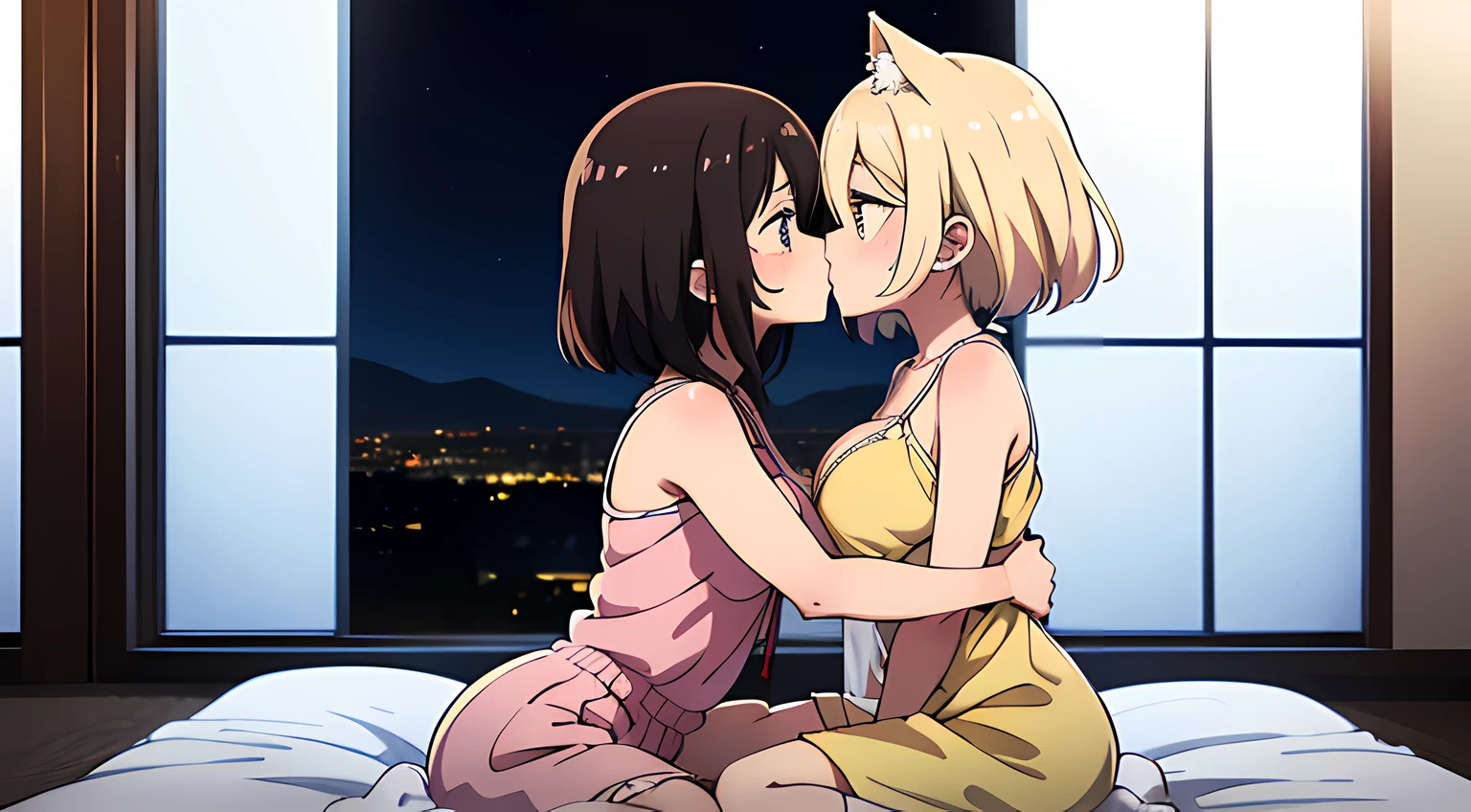 Anime image of two women sitting on a bed kissing - SeaArt AI