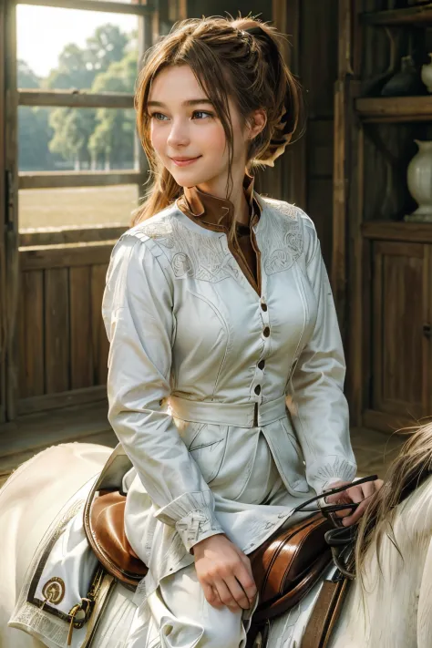 101
(a 20 yo woman,Riding on a white horse), (A hyper-realistic), (high-level image quality), ((beautiful hairstyle 46)), (I hav...