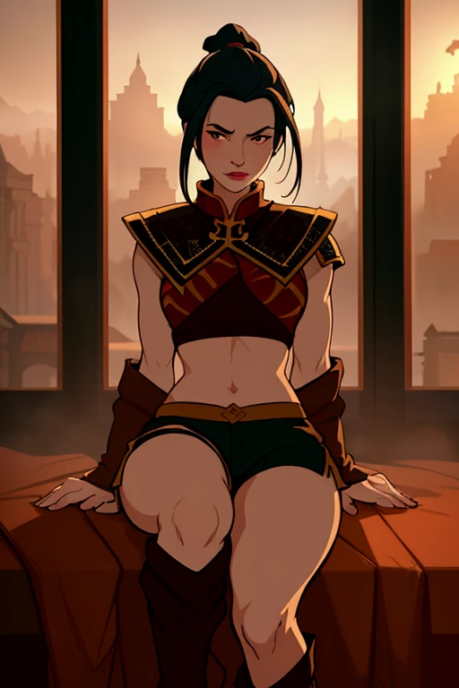 (dark theme:0.6), (dark shot:1.1), epic realistic, (dark shot:1.4), 80mm, (anime), (illustration), cartoon, detailed, azula, 1girl, solo, short hair, black hair, hair ornament, ponytail,  brown eyes,  lipstick,  red lips, surprised look, short waist high shorts, crop top, blush, looks at viewer, full body, art by greg rutkowski and artgerm, soft cinematic light, adobe lightroom, photolab, hdr, intricate, highly detailed, (depth of field:1.4), soft light, sharp, exposure blend, medium shot, bokeh, (hdr:1.4), high contrast, (cinematic, teal and orange:0.85), (muted colors, dim colors, soothing tones:1.3), low saturation, (hyperdetailed:1.2), (noir:0.4), faded, (neutral colors:1.2), (hdr:1.4), (muted colors:1.2), hyperdetailed, (artstation:1.4), cinematic, warm lights, dramatic light, (intricate details:1.1), complex background, (rutkowski:0.66), (teal and orange:0.4), (hdr:1.22), muted colors, complex background, hyperdetailed, art [[by jordan grimmer]]