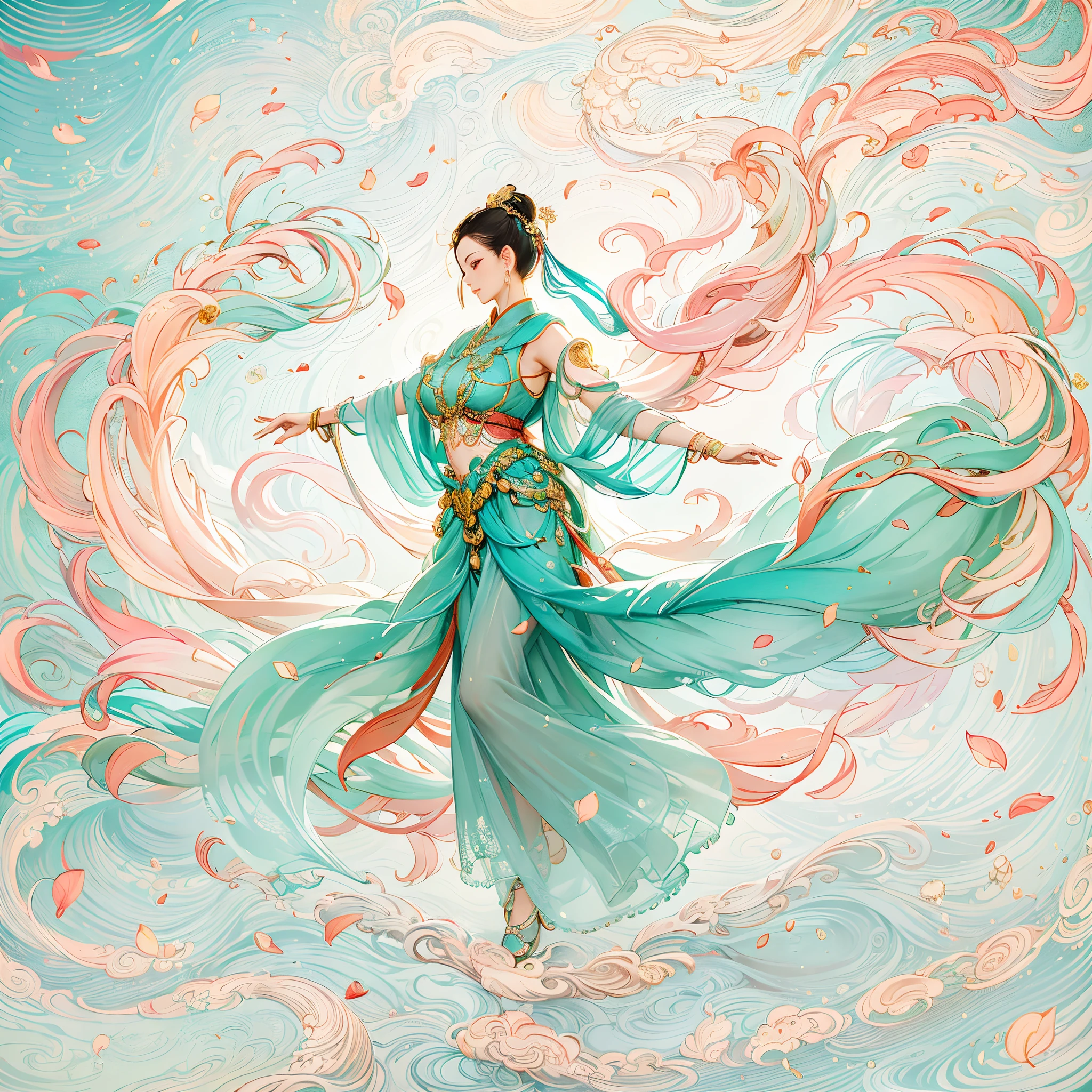 Dunhuang style, Dance in the sky, ancient chinese beauti, Silk Hanfu, Tulle ribbon, Beautiful dance moves, Ink painting style, clean color, Decisive cut, A white space, impressionistic, gentlesoftlighting，dreamy glow， ( bokeh)，tmasterpiece, Super detailed, Epic work, Best quality at best, 4K，