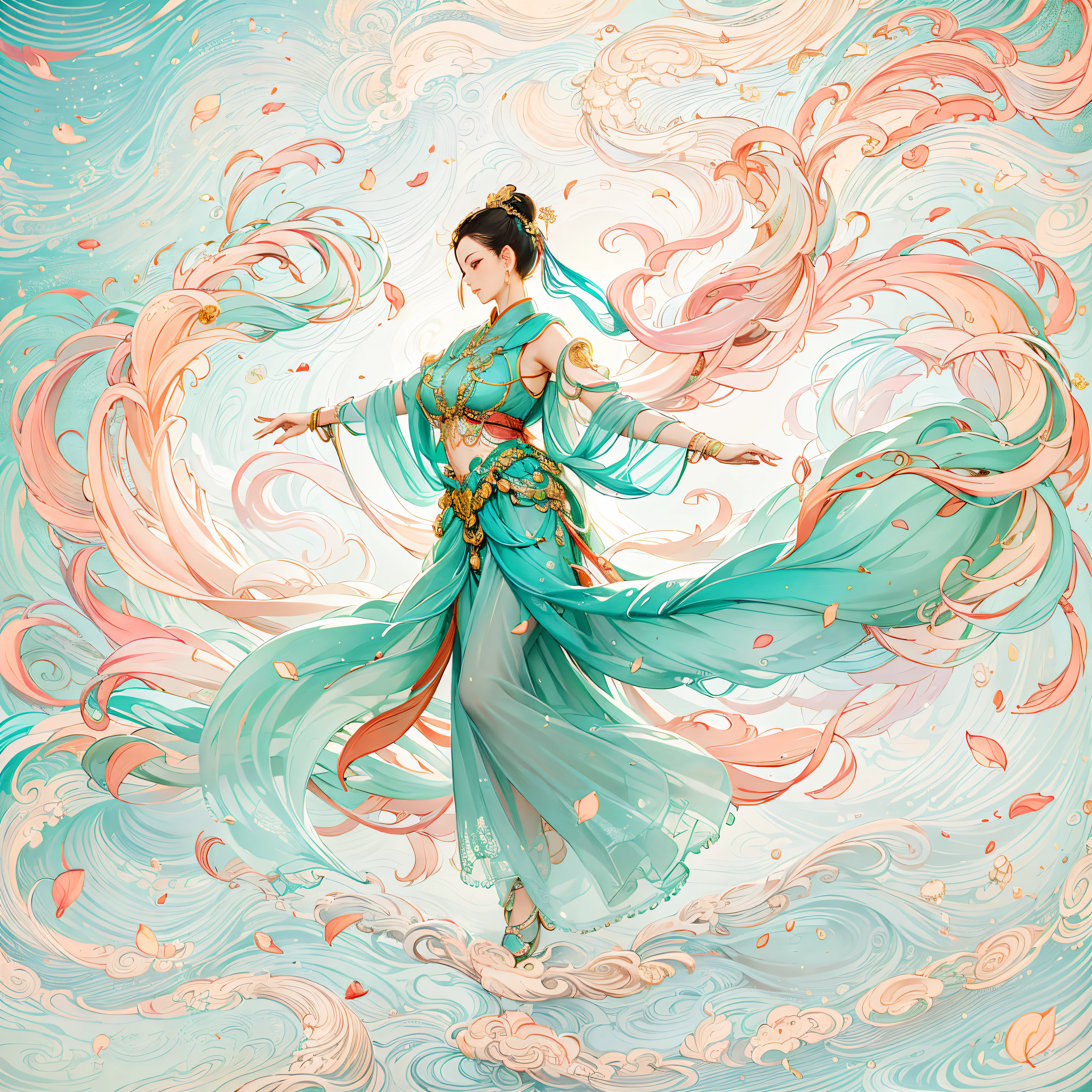 Dunhuang style, Dance in the sky, ancient chinese beauti, Silk Hanfu, Tulle ribbon, Beautiful dance moves, Ink painting style, clean color, Decisive cut, A white space, impressionistic, gentlesoftlighting，dreamy glow， ( bokeh)，tmasterpiece, ultra-detailliert, Epic work, Best quality at best, 4K，