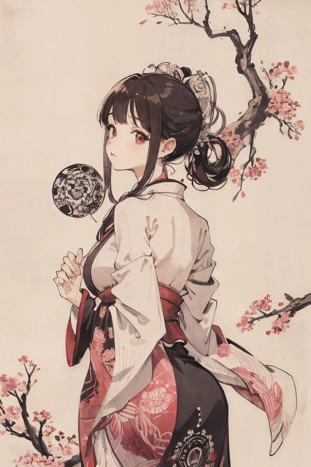 (((fond blanc、un monde blanc)))、14 ans、papier peint unité 8k、ultra-détaillé、Magnifiquement esthétique、chef d&#39;oeuvre、qualité supérieure、(emmêlé、et Mandala、enchevêtrements、enchevêtrements)、(art fractal:1.3)、une fille、beaux cheveux noirs、Japonais、grand rose、Kimono rouge、Japonais ...