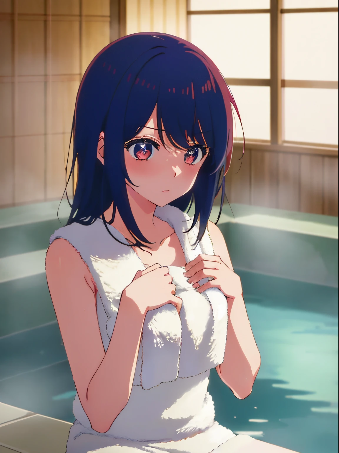 Anime girl in white dress sitting in a pool with a cell phone - SeaArt AI