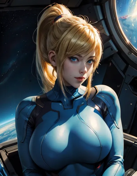 (anime style), masterpiece, depth of field, photorealistic, absurdres, best quality, 8k, best quality, perfect lighting, cinematic lighting, 1girl, female, mature, portrait,  samus, zero suit, blue eyes, ponytail, spaceship, cockpit, smile, large breasts, ...