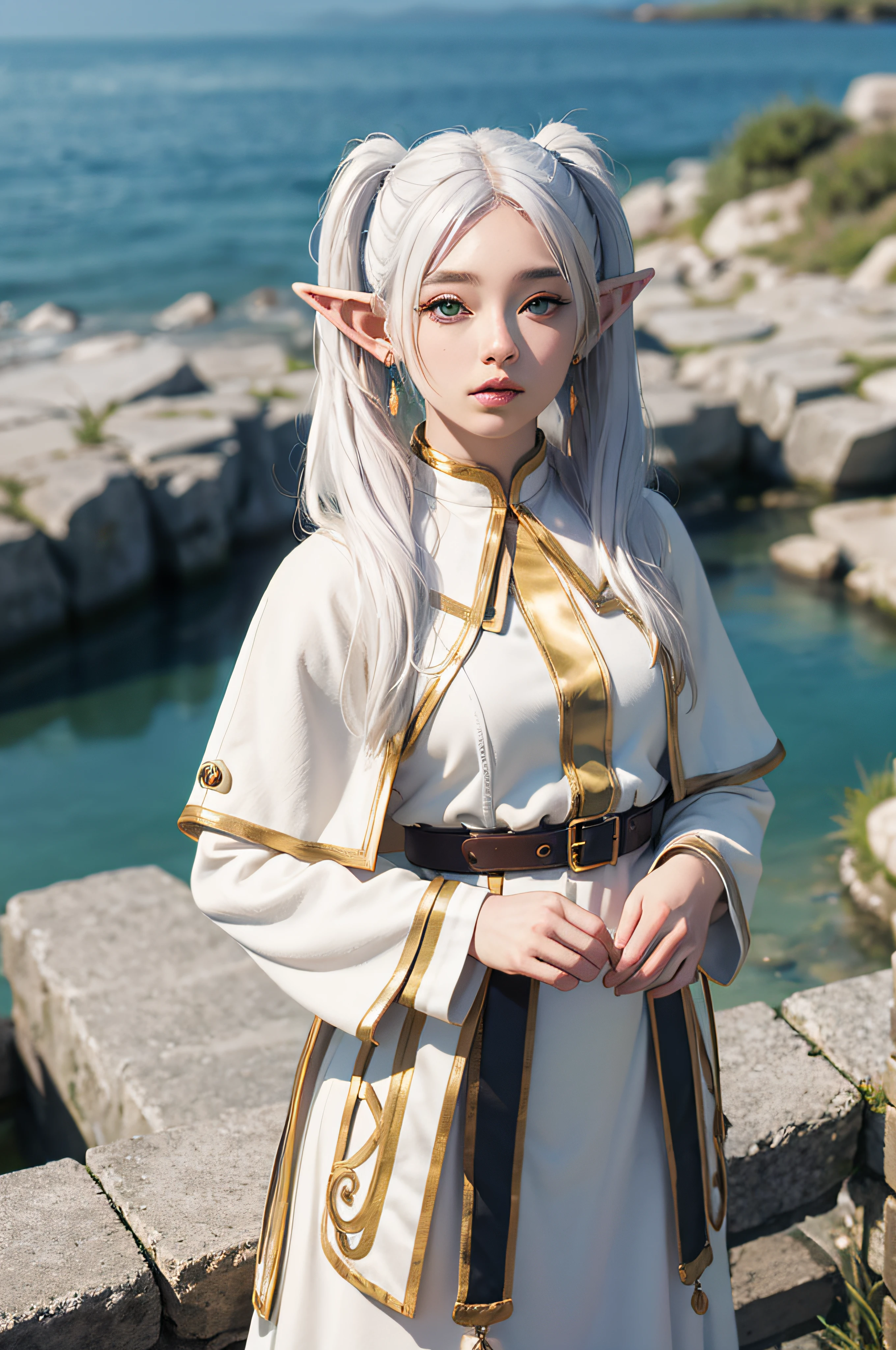 (maximum quality image, masterpiece), detailed landscape,(((white hair))), detailed beautiful green eyes,  tranquil lake (reflecting the vibrant sky at dusk),nuances of colors,quiet, frieren, 1girl, long hair, pointy ears, twintails, jewelry, elf, earrings, capelet, white capelet, long sleeves, parted bangs, dress, belt, flower, small breasts, wide hips, look at view, hide hands, close mount,