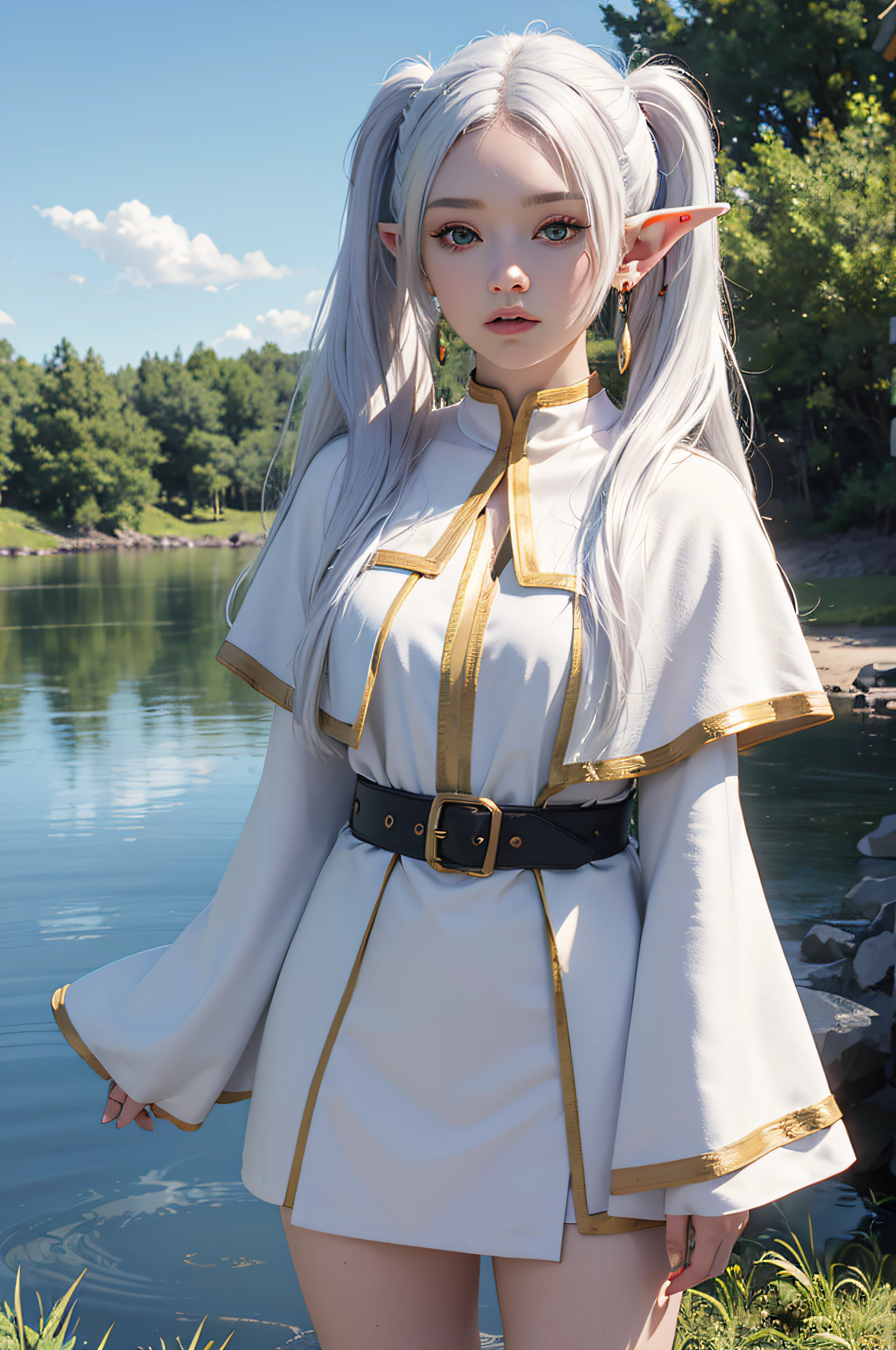 (maximum quality image, masterpiece), detailed landscape,(((white hair))), detailed beautiful green eyes,   detailed five fingers,  tranquil lake (reflecting the vibrant sky at dusk),nuances of colors,quiet, frieren, 1girl, long hair, pointy ears, twintails, jewelry, elf, earrings, capelet, white capelet, long sleeves, parted bangs, dress, belt, flower, small breasts, wide hips, look at view, hide hands, close mount,