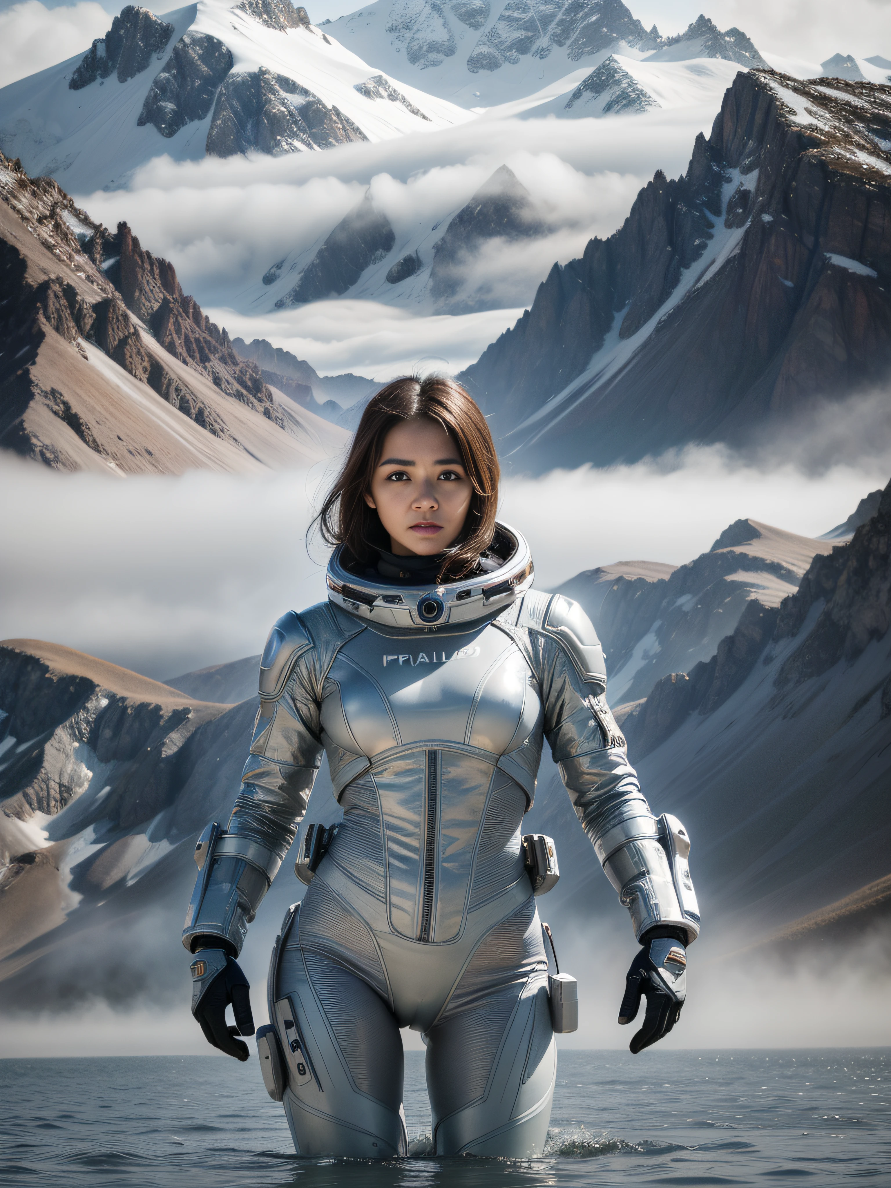 A beautiful girl, wearing a silver spacesuit, standing on an endless surface of water, floating mist, holding a large ion gun in both hands, mountains in the background, no frontal fill light, dark light, rich in detail Inspired by the movie Alien prequel Prometheus