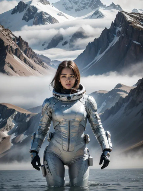 A beautiful girl, wearing a silver spacesuit, standing on an endless surface of water, floating mist, holding a large ion gun in...