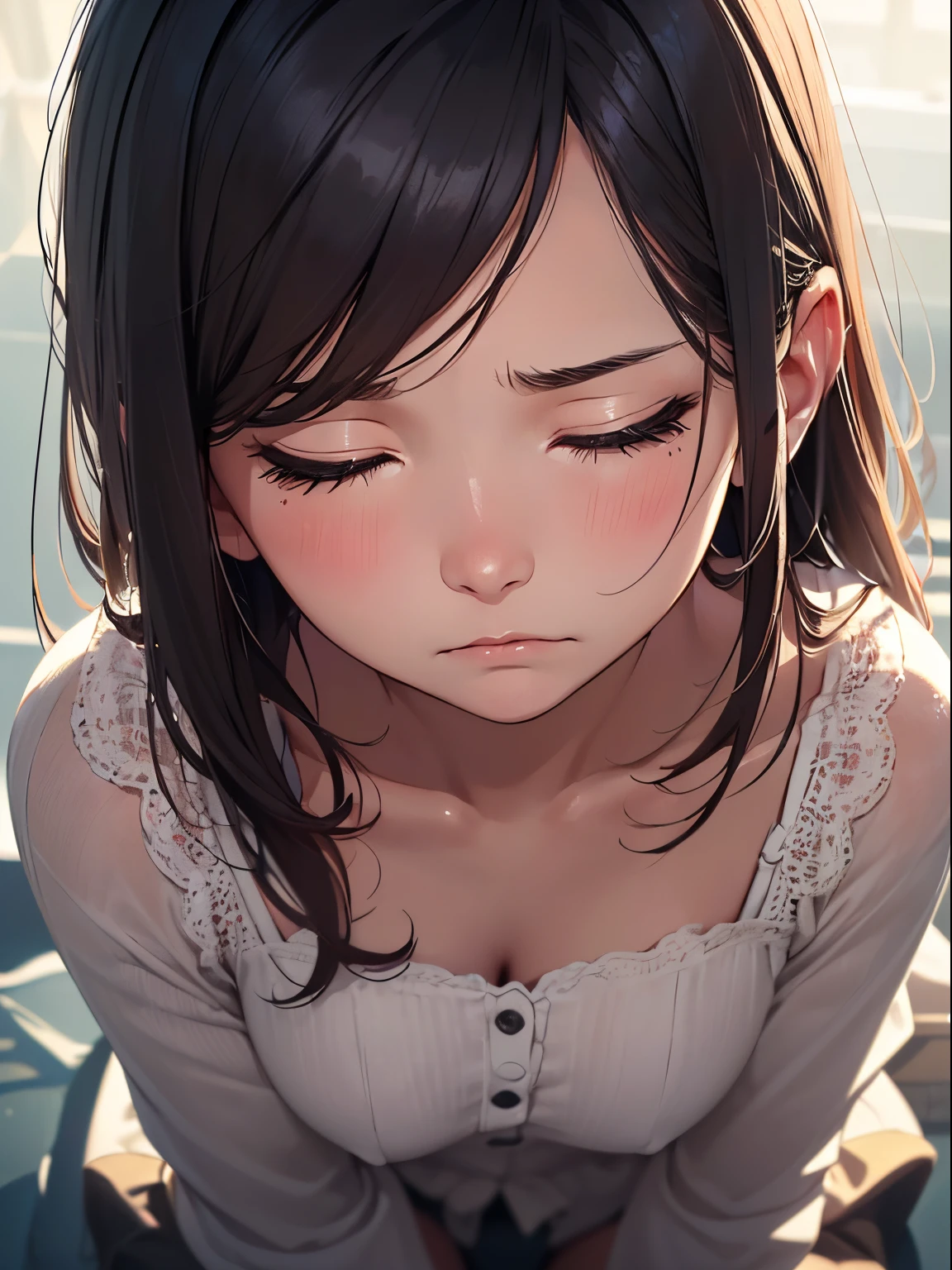 Anime girl with long hair and white shirt sitting on the ground - SeaArt AI