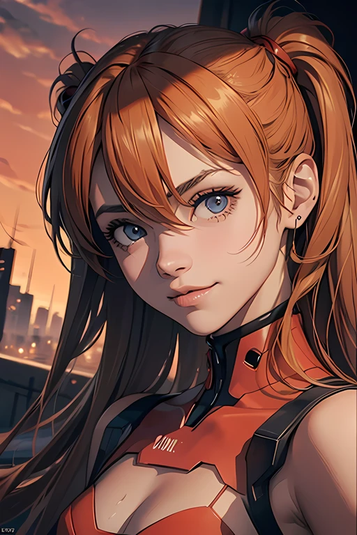 (Obra maestra), La mejor calidad, ojos expresivos, Cara perfecta, 1 chica, solamente, Souryuu Asuka Langley, Auriculares de interfaz, Traje rojo, ojos serios, leve sonrisa, piernas cruzadas, Antecedentes de laboratorio, sesión, hoja de personaje, Parte superior del cuerpo, retrato, Mirando al espectador,