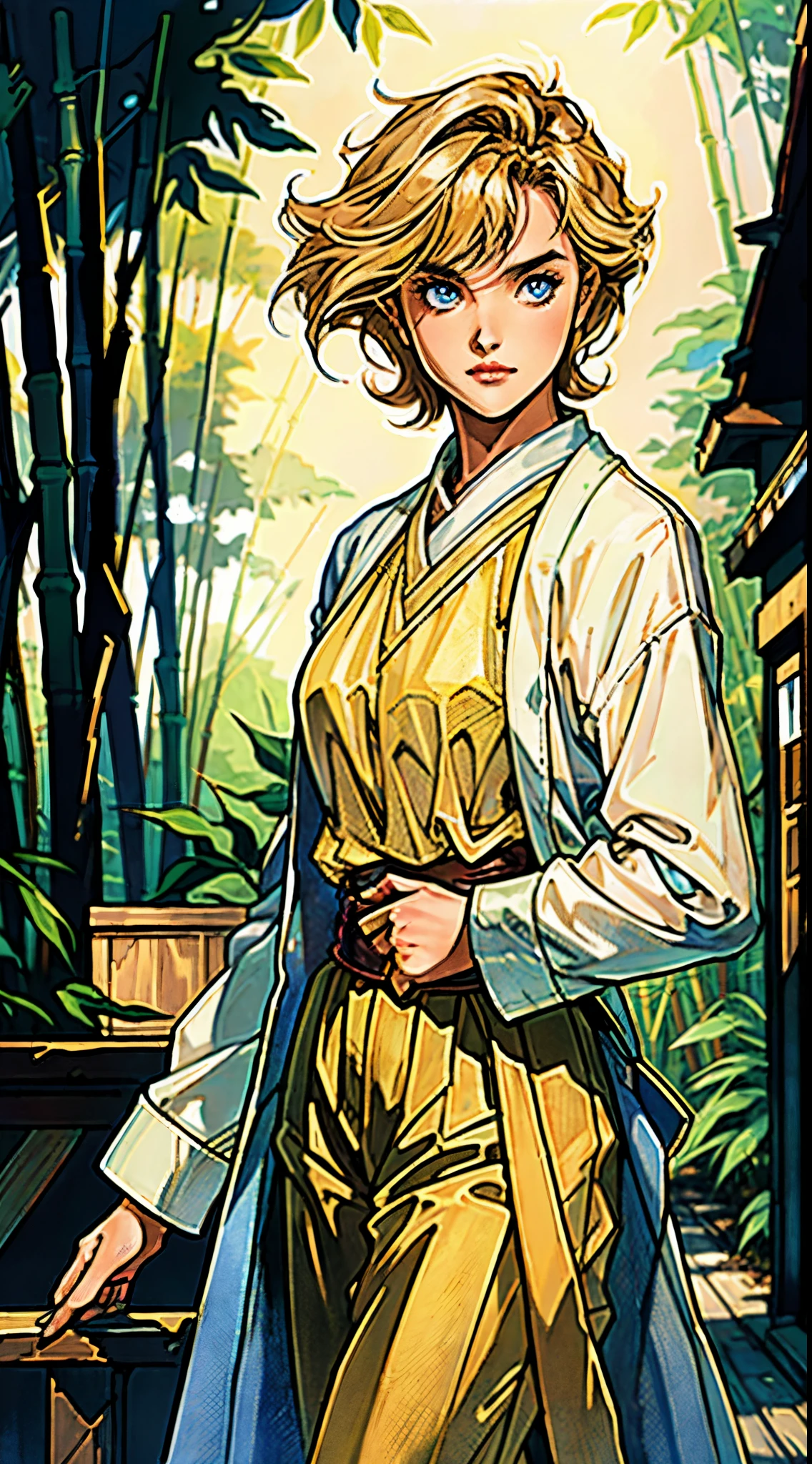A girl, short golden hair styled in an upward fashion, a tuft of hair bangs, a melancholic expression, sharp gaze, a playful smile, a two-piece fantasy-style Chinese outfit, a complexly layered white undershirt, a loose-knit outer coat, a yellow silk belt, coarse cloth trousers, the backdrop showcases a wooden house set in a bamboo forest, creating a refreshing and dreamy atmosphere, this character embodies a finely crafted fantasy-style wise in anime style, characterized by an exquisite and mature manga illustration art style, high definition, best quality, highres, ultra-detailed, ultra-fine painting, extremely delicate, professional, anatomically correct, symmetrical face, extremely detailed eyes and face, high quality eyes, creativity, RAW photo, UHD, 8k, Natural light, cinematic lighting, masterpiece-anatomy-perfect, masterpiece:1.5