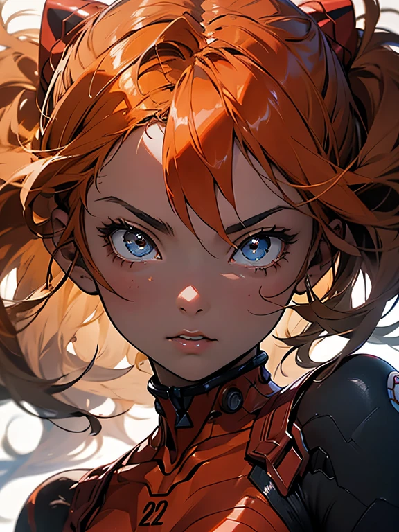 Asuka Langley soryu，blue eyes，hair between the eyes，Head，interface headphones，orange hair，battle suit，action pose，Thick coating，album cover art，Storytelling images