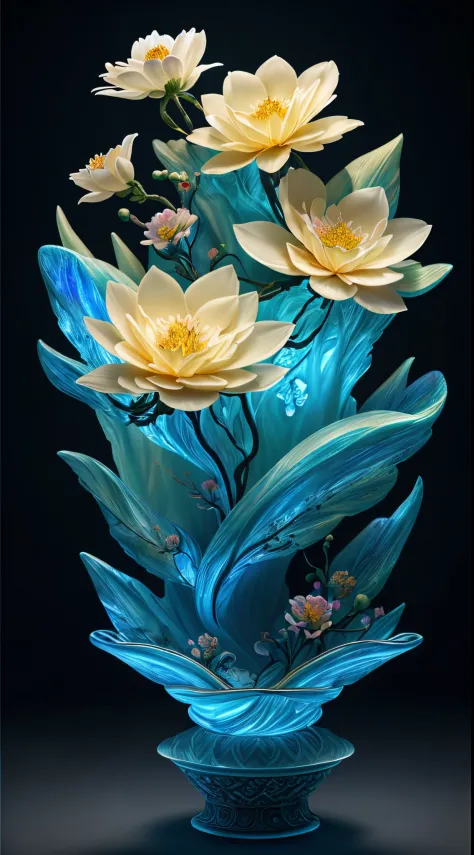 There are three blue vases with flowers in them on a table - SeaArt AI