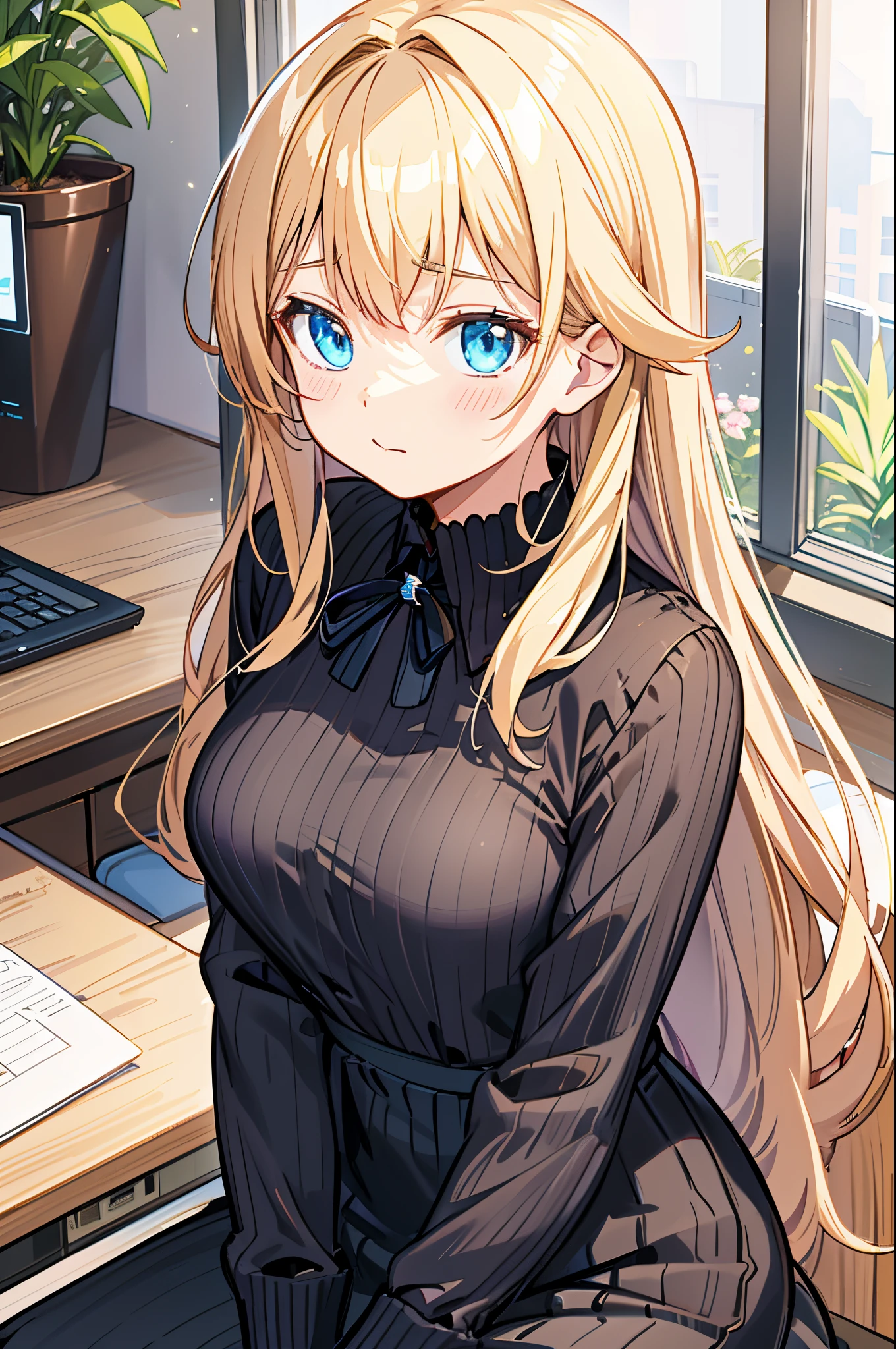 Anime girl with long blonde hair sitting in front of a computer - SeaArt AI