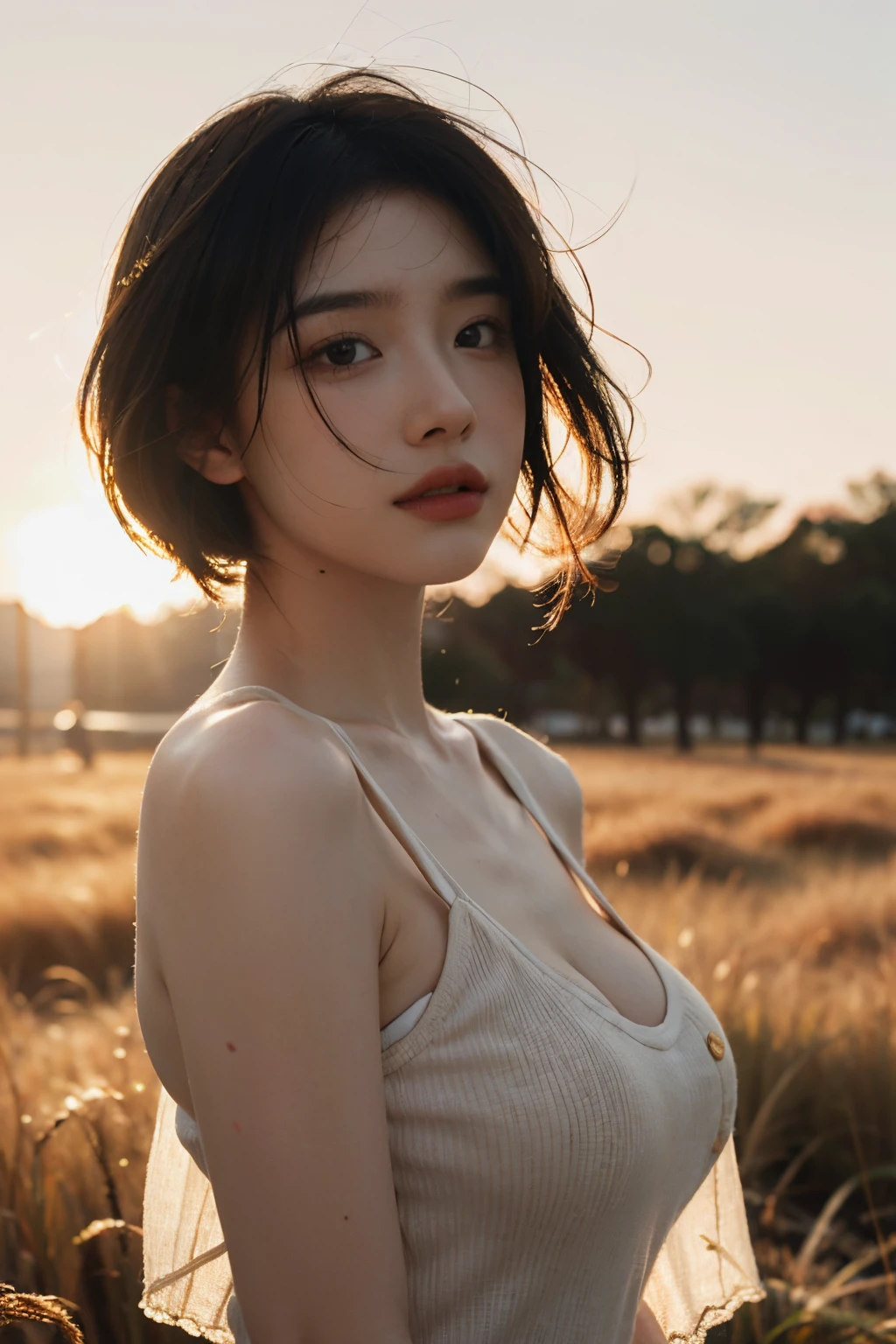 Best quality,masterpiece,ultra high res,photorealistic,raw photo,unity 8k wallpaper, panorama, cinematic lighting, on grass, sunset, dappled sunlight, golden hour lighting, backlighting, blurry background, (lens flare), wind, pastel colors, soft light, 1girl,floating short hair, sad,upper body, big breast