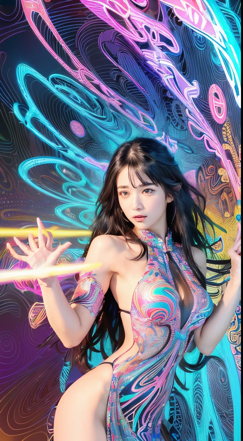 (masterpiece, top quality, best quality, official art, beautiful and aesthetic:1.2), (1girl:1.3), extremely detailed,(fractal art:1.2),colorful,highest detailed,( zentangle neon:1.2), (dynamic pose), (abstract background neon:1.5), (treditional dress:1.2), (shiny skin), (many colors:1.4), upper body ,Neon,16K,Full HD