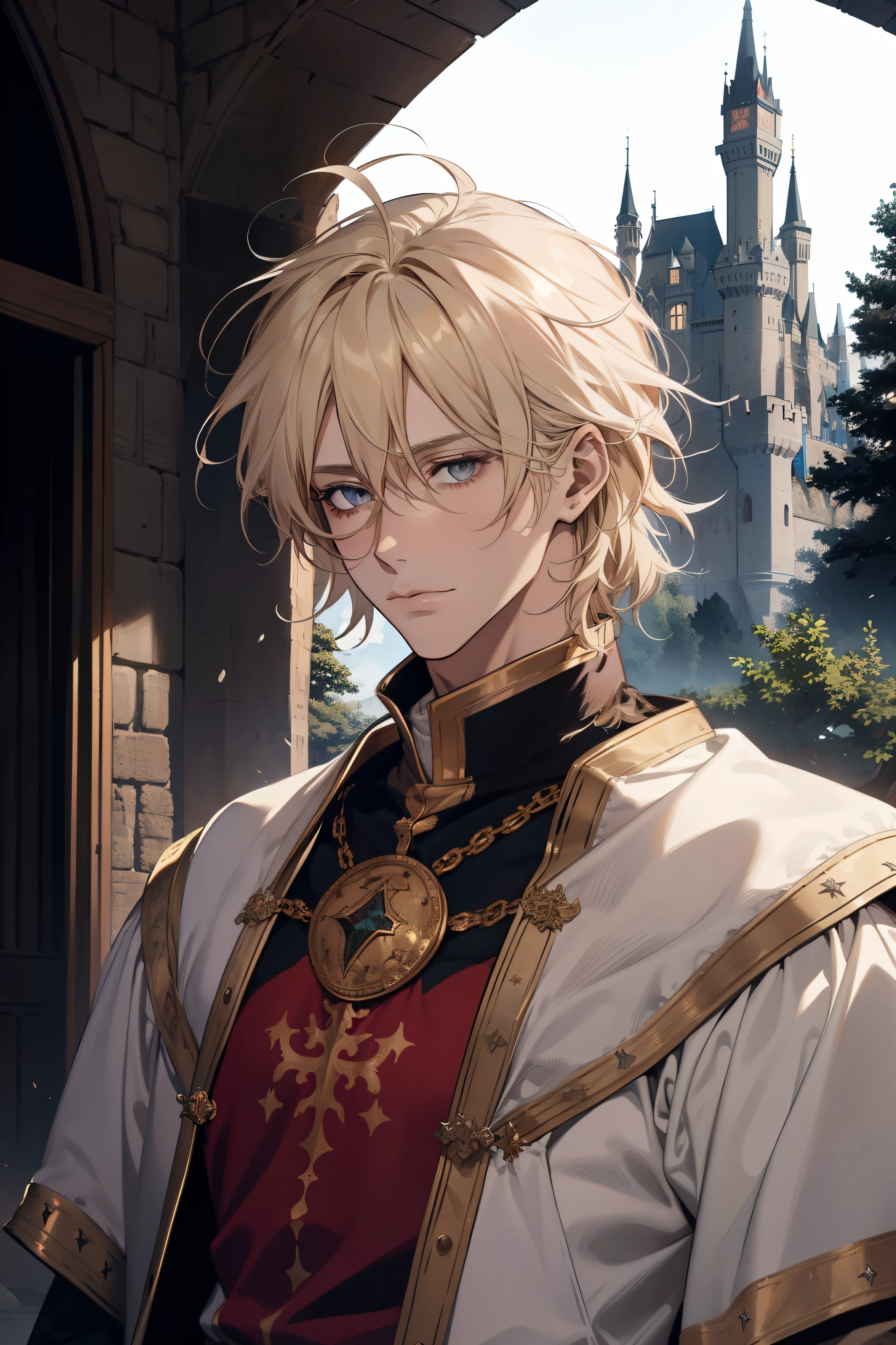 1male people, AS-Adult, Messy blonde hair and bangs, prinz, white  clothes, Handsome, dispassionate, The beautiful, Condescending, slimification, in a castle, Medieval fantasy