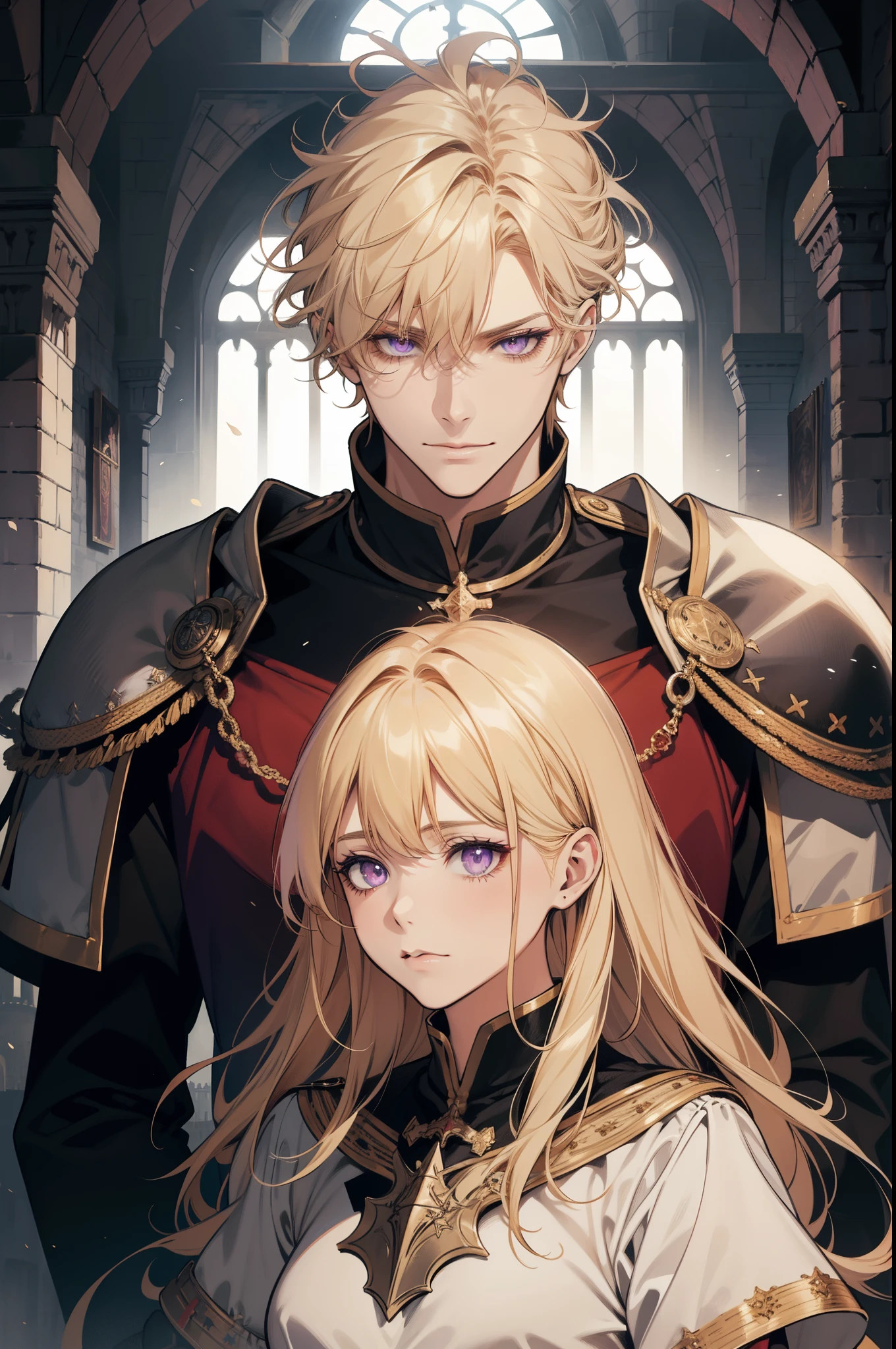 1 man, Blonde hair and blue eyes, prinz, chill out, guard, 1 Women, Black hair and purple eyes, The beautiful, DOA, in a castle, Medieval fantasy