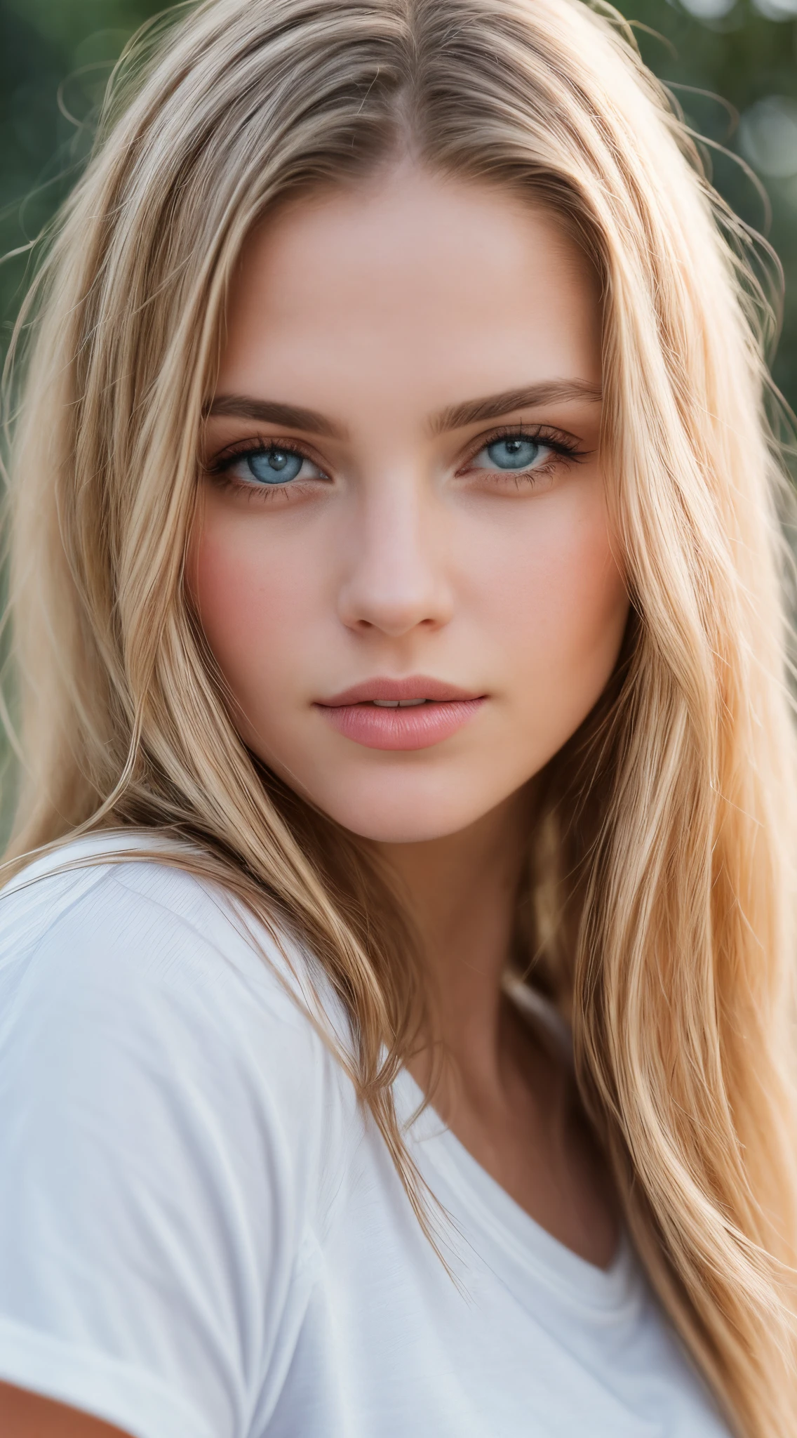 A woman with long blonde hair and blue eyes posing for a picture - SeaArt AI