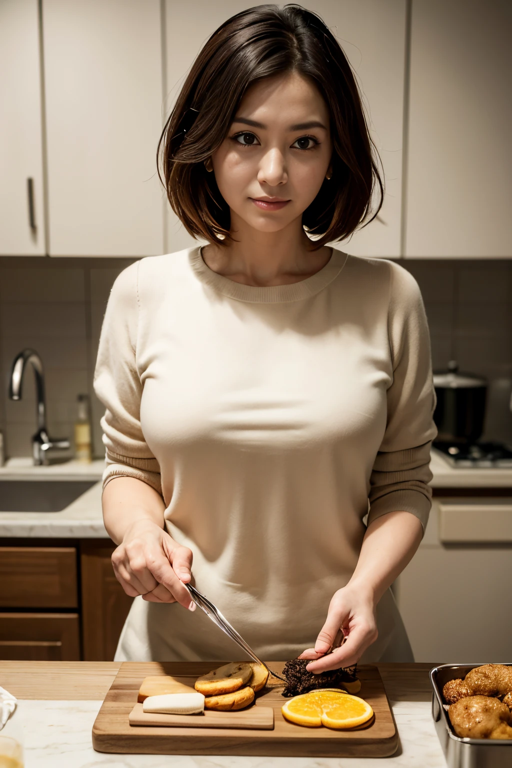 A close-up shot of a housewife skillfully preparing a delicious meal in a modern kitchen, showcasing intricate food preparation techniques, vibrant ingredients, and impeccable attention to detail. The image should be captured with a Nikon D850 camera using an 85mm lens, resulting in a high-resolution, photorealistic depiction of the scene. The lighting should be warm and inviting, emphasizing the textures and colors of the ingredients. The composition should highlight the housewife's hands and culinary tools, conveying a sense of passion and expertise.