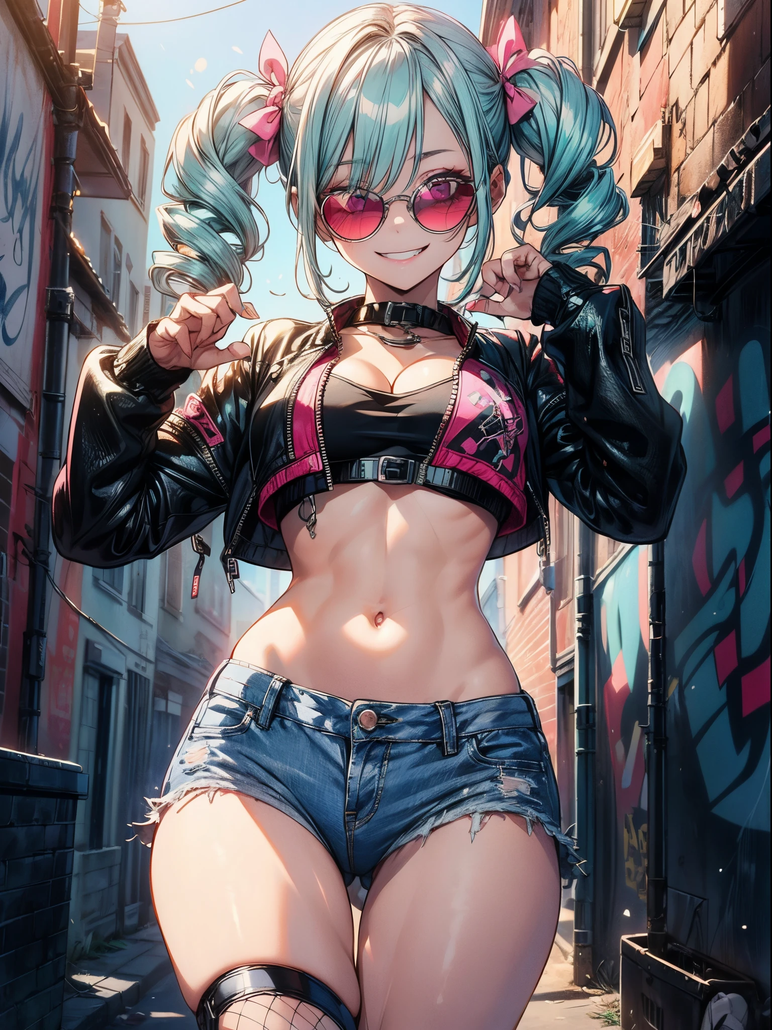 British punk theme ,Vibrant colors,1 cute lovely girl,grinning ,(short drill twin tails:1.2),(aqua hair,Pink eyes:1.2),(Round sunglasses,Pink Lens :1.2),(Smile while winking :1.2),croptop,large boob,cleavage,Navel ,Stomach,leather jacket,Denim Micro Hot Pants,Fishnet tights,sparkly eyes,Beautiful and detailed eyes,glowing pale skin,(Cute Pose :1.2),Back alley, graffiti wall,cinematic lighting,Cinematic Angel,Hyper realistic, Perfect Anatomy, Perfect five fingers