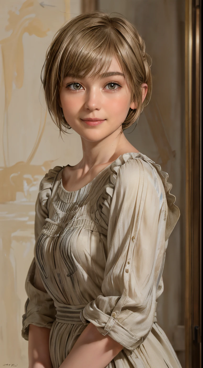102
(a 20 yo woman,is standing), (A hyper-realistic), (high-level image quality), ((beautiful hairstyle 46)), ((short-hair:1.46)), (Gentle smile), (Keep your mouth shut), (trompe l'oeil), ((trickart))