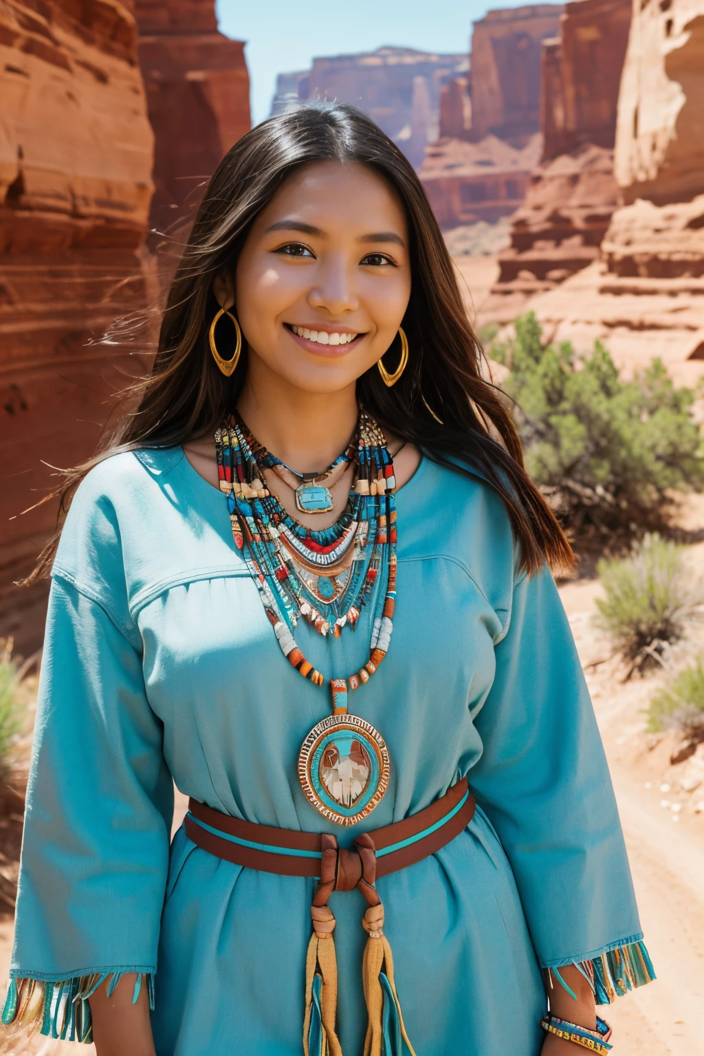 8k, highest quality, ultra details, North American indigenous woman, canyon landscape, Navajo-inspired clothing, turquoise jewelry, radiant smile, harmony with nature and ancestral traditions