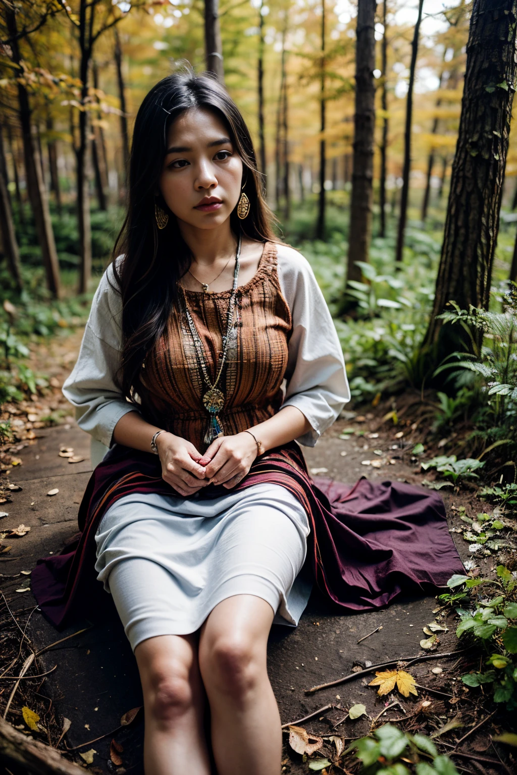 8k, highest quality, ultra details, North American indigenous woman, autumn forest setting, elk skin dress, moccasins, dreamcatcher jewelry, serene and contemplative gaze, wisdom and spirituality