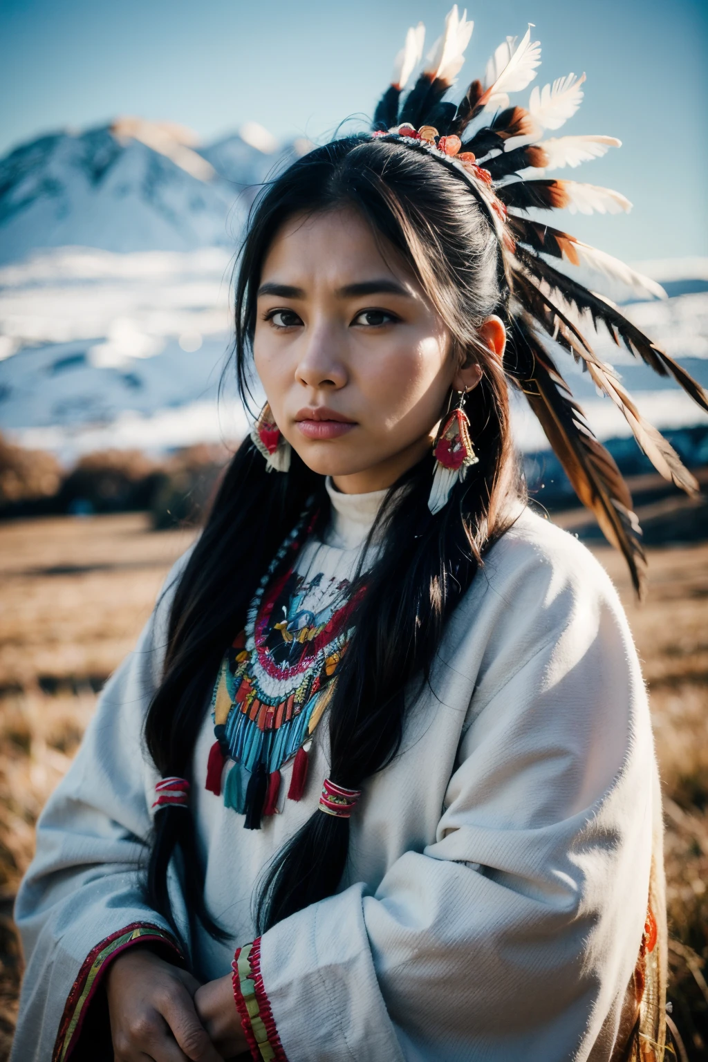 8k, 最高品質, 超詳細, 北米先住民の女性, 伝統的なネイティブアメリカンの衣装, 複雑なビーズ細工, 羽飾り, 強くてストイックな表情, 土地との深いつながり