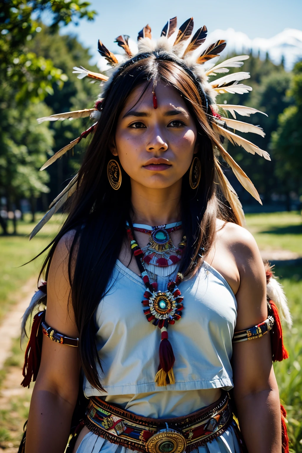 8k, highest quality, ultra details, North American indigenous woman, traditional Native American regalia, intricate beadwork, feathered headdress, strong and stoic expression, deep connection to the land