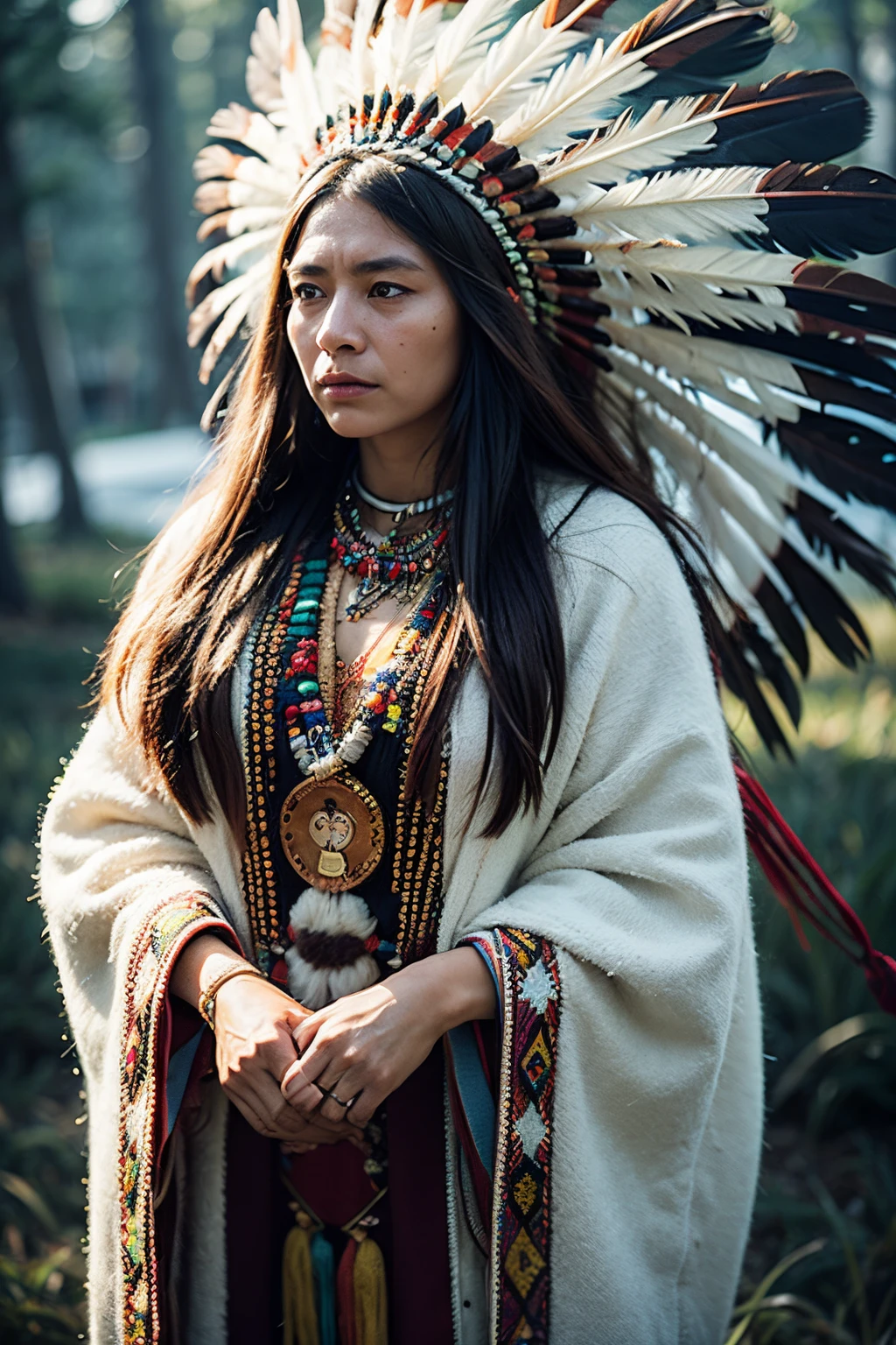 8k, highest quality, ultra details, North American indigenous woman, traditional Native American regalia, intricate beadwork, feathered headdress, strong and stoic expression, deep connection to the land