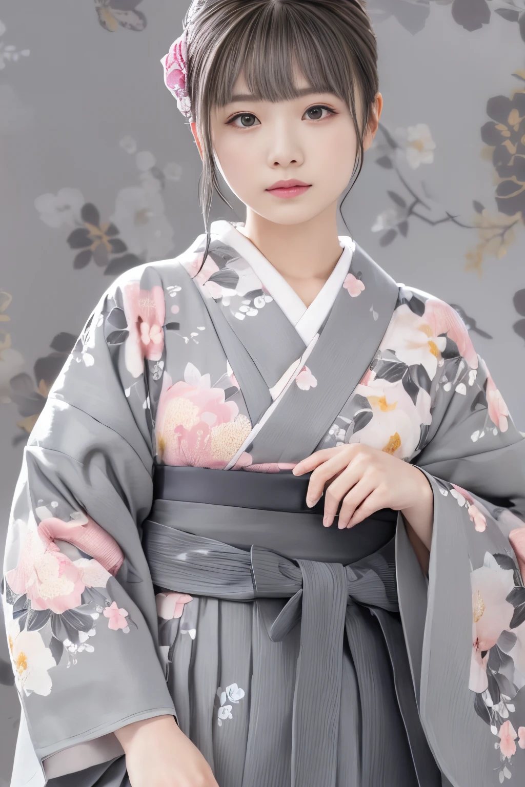 (((fondo floral gris:1.3)))、mejor calidad, Mesa, alta resolución, (((1 chica en))), dieciséis años,(((Los ojos son grises:1.3)))、kimono gris、((hermoso kimono gris)), Efecto Tindall, Realista, Estudio de sombras,Iluminación ultramarina, iluminación de dos tonos, (Máscaras de alto detalle: 1.2)、Iluminación de colores pálidos、iluminación oscura、 Cámaras réflex digitales, foto, alta resolución, 4k, 8k, Desenfoque de fondo,Desvanecerse maravillosamente、mundo de flores grises
