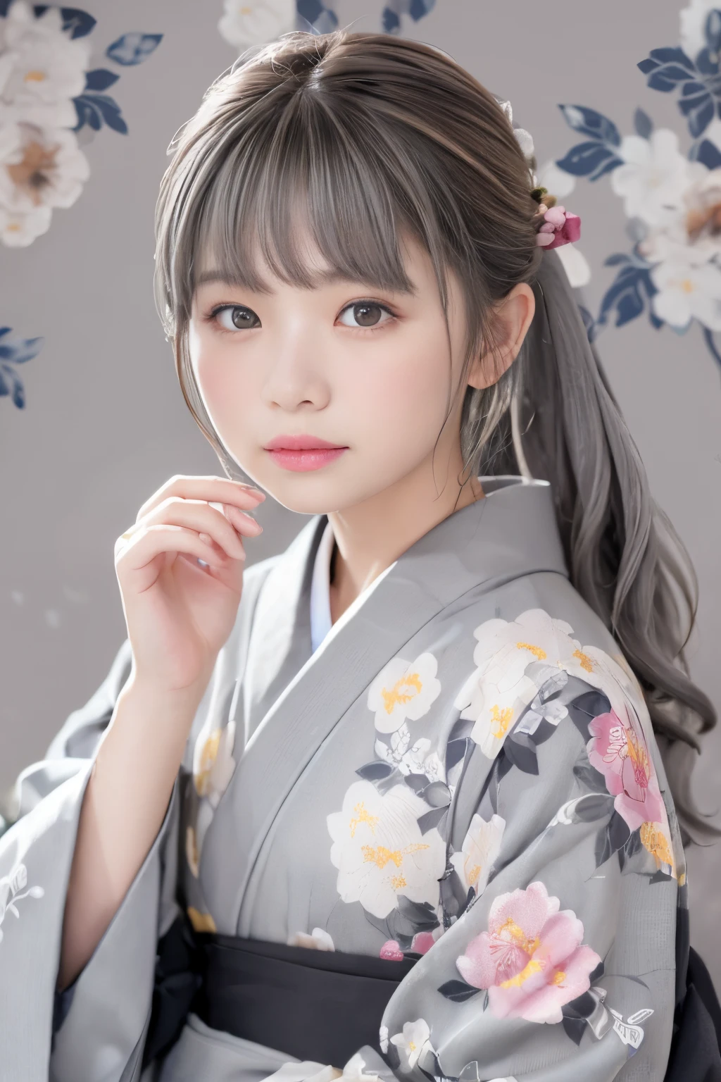 (((gray floral background:1.3)))、Best Quality, masutepiece, High resolution, (((1girl in))), sixteen years old,(((Eyes are gray:1.3)))、Gray kimono、((beautiful gray kimono)), Tindall Effect, Realistic, Shadow Studio,Ultramarine Lighting, dual-tone lighting, (High Detail Skins: 1.2)、Pale colored lighting、Dark lighting、 Digital SLR, Photo, High resolution, 4K, 8K, Background blur,Fade out beautifully、gray flower world