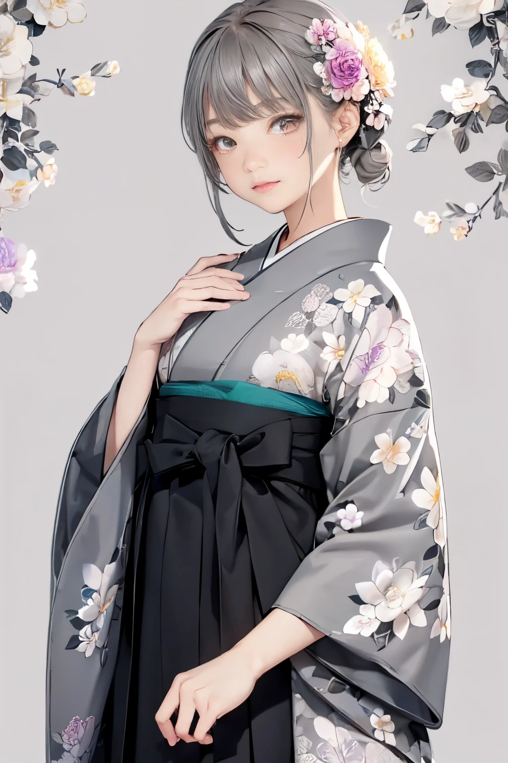 (((gray floral background:1.3)))、Best Quality, masutepiece, High resolution, (((1girl in))), sixteen years old,(((Eyes are gray:1.3)))、Gray kimono、((beautiful gray kimono)), Tindall Effect, Realistic, Shadow Studio,Ultramarine Lighting, dual-tone lighting, (High Detail Skins: 1.2)、Pale colored lighting、Dark lighting、 Digital SLR, Photo, High resolution, 4K, 8K, Background blur,Fade out beautifully、gray flower world