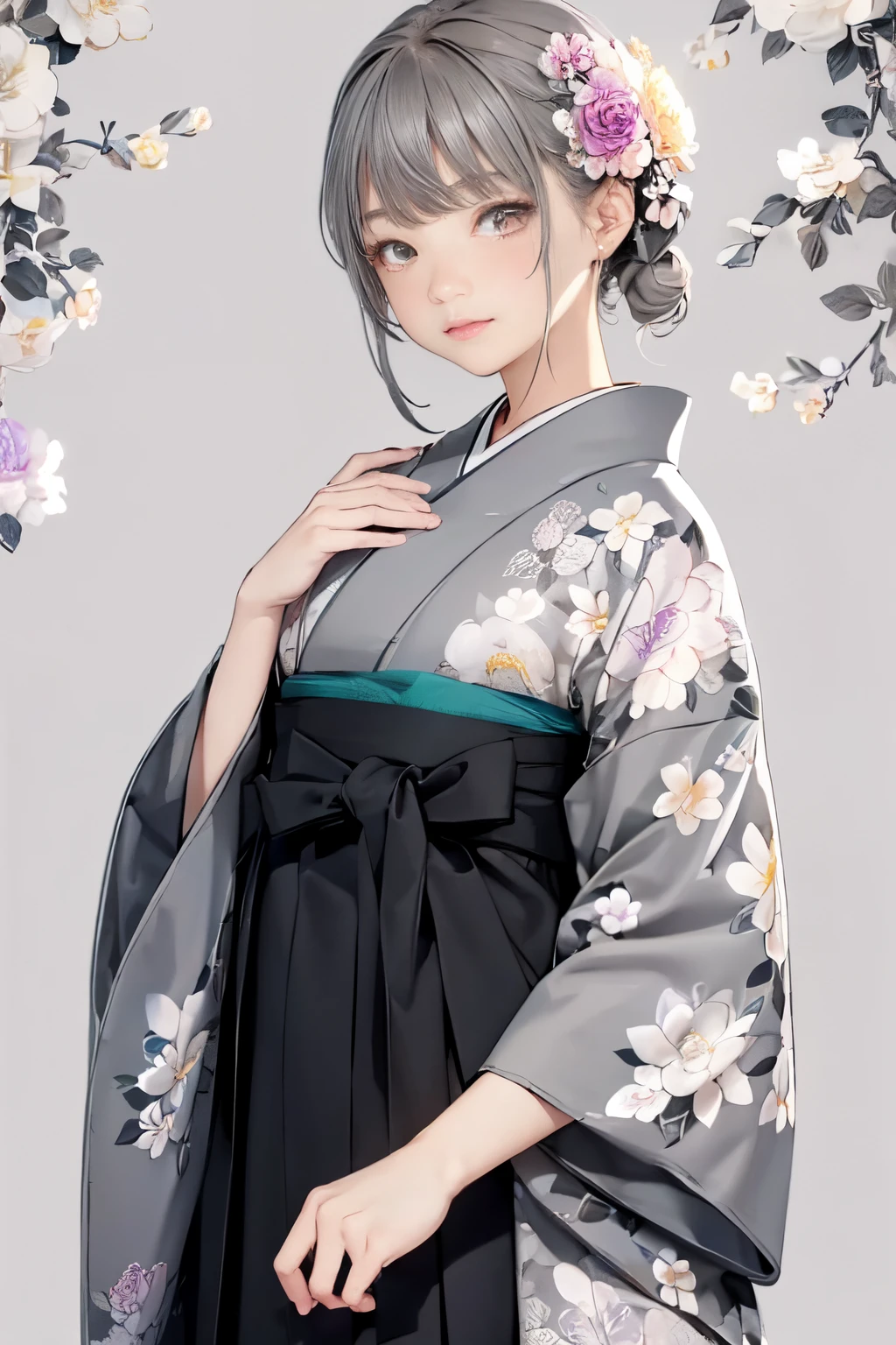 (((fondo floral gris:1.3)))、mejor calidad, Mesa, alta resolución, (((1 chica en))), dieciséis años,(((Los ojos son grises:1.3)))、kimono gris、((hermoso kimono gris)), Efecto Tindall, Realista, Estudio de sombras,Iluminación ultramarina, iluminación de dos tonos, (Máscaras de alto detalle: 1.2)、Iluminación de colores pálidos、iluminación oscura、 Cámaras réflex digitales, foto, alta resolución, 4k, 8k, Desenfoque de fondo,Desvanecerse maravillosamente、mundo de flores grises