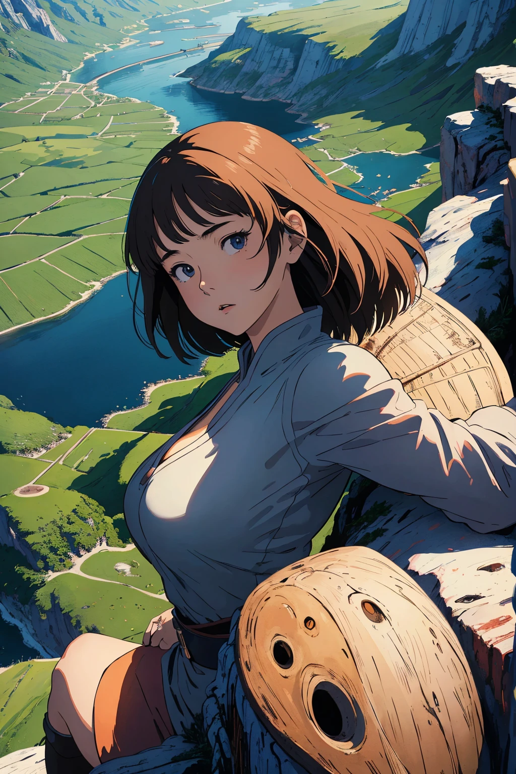 (masterpiece, best quality;1.3), extremely detailed picture, ultra detailed,Nausica of the valley of the wind, hayao miyazaki,1girl, solo,  comics, bust shot, from above, looking at viewer,