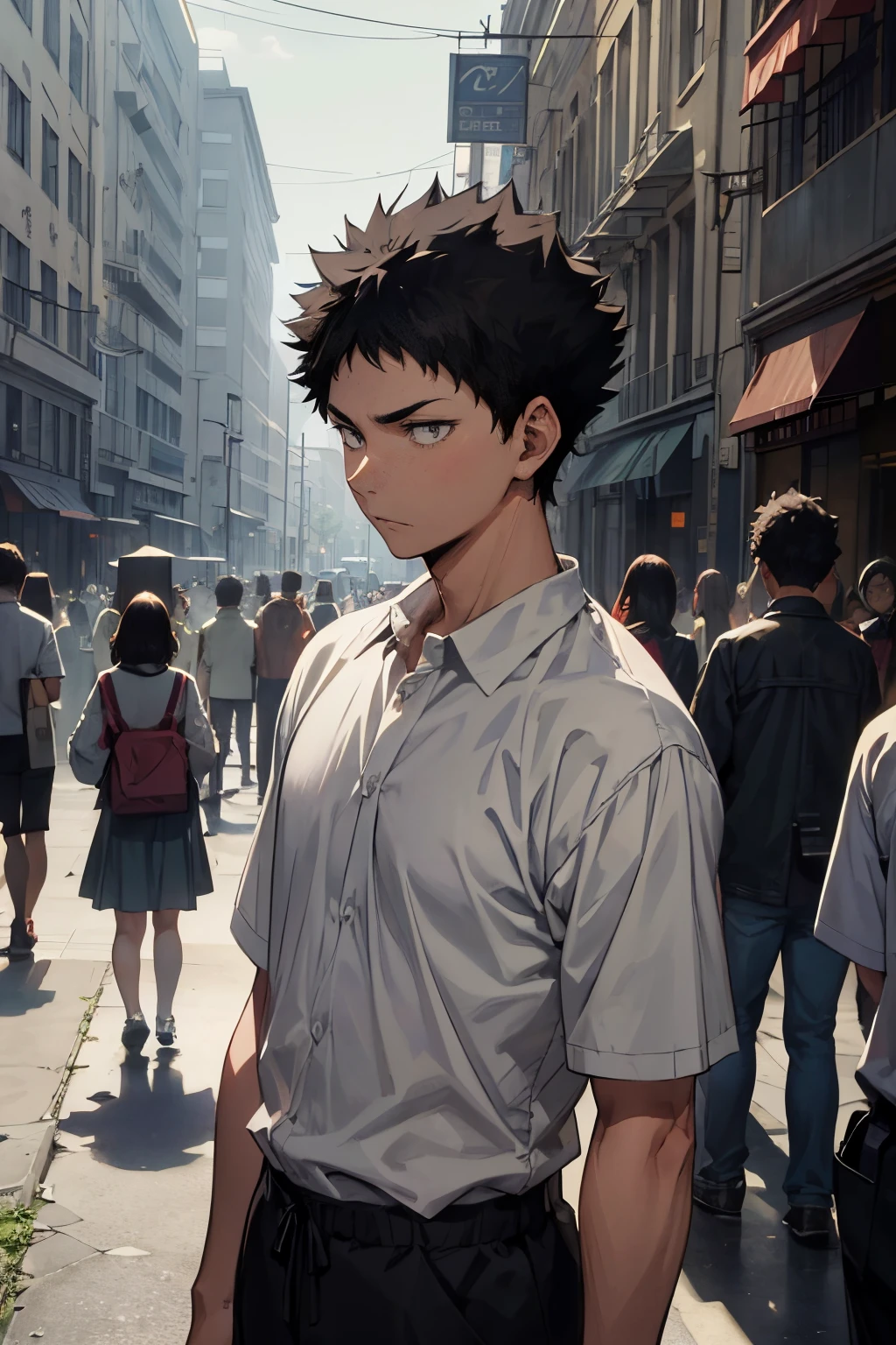 masterpiece, cinematic lighting, one man standing in college campus, upper body, iwaizumi, black hair, short hair, wistful expression, he is missing childhood friend and feeling lonely, in crowd but still alone, high contrast, play of highlights and shadows