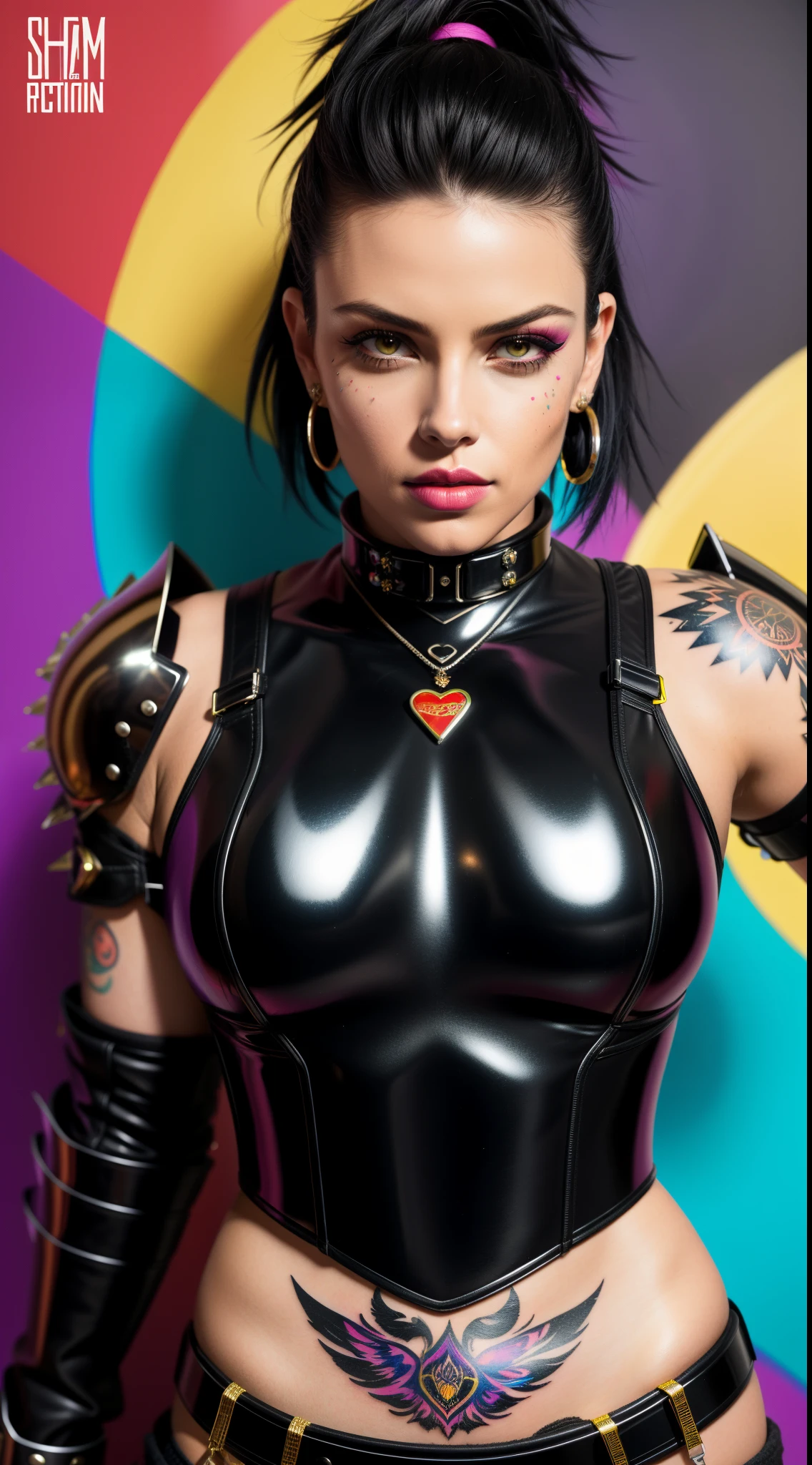 photo of woman, sexy, large breasts, punk, black hair, one side shaved head, ([Britney Spears|Ashley Greene|Amber Heard]:0.85), [stanleylau style|uodenim style], armor suit, hips, sensual, shinny skin, oily skin, tattoos, close up, face focus, detailed face, lips, choker, jewelry, [(colorful explosion psychedelic paint colors:1.21)::0.2], kitchen, masterpiece, best quality, rainbow colors, colorful, high contrast,