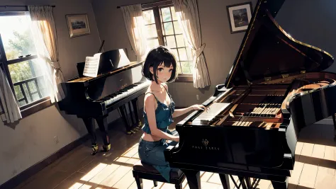 livingroom, parrot, window, drapes, Dappled sunlight, The table, cabin, piano, musician, Playing_piano, sing, radio
,1 girl,jean...