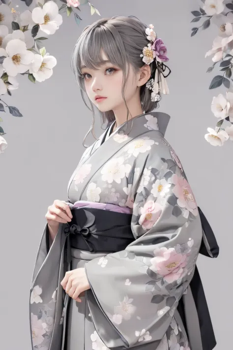 (((gray floral background:1.3)))、Best Quality, masutepiece, High resolution, (((1girl in))), sixteen years old,(((Eyes are gray:...