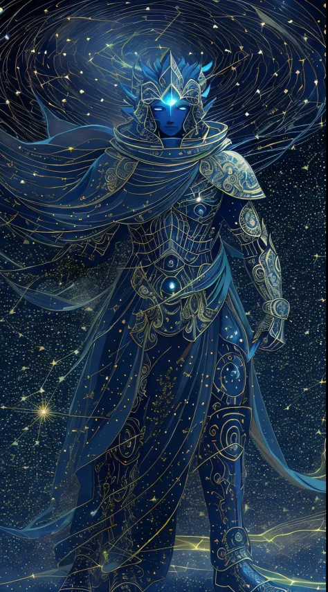 [1] A solitary warrior in midnight-blue armor, full-body pose, facing a cosmic abyss, eyes reflecting distant galaxies; [2] Armo...